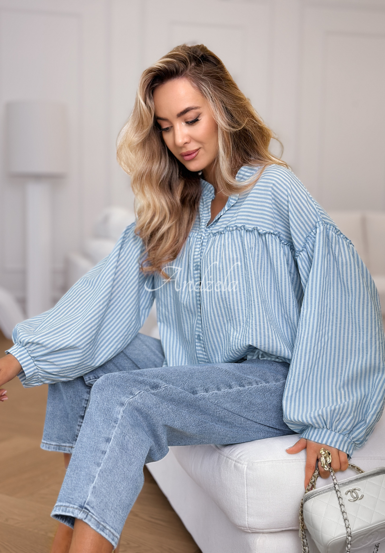 Baumwollhemd mit Puffärmeln und Streifenmuster Pure Lines weiß-Himmelblau