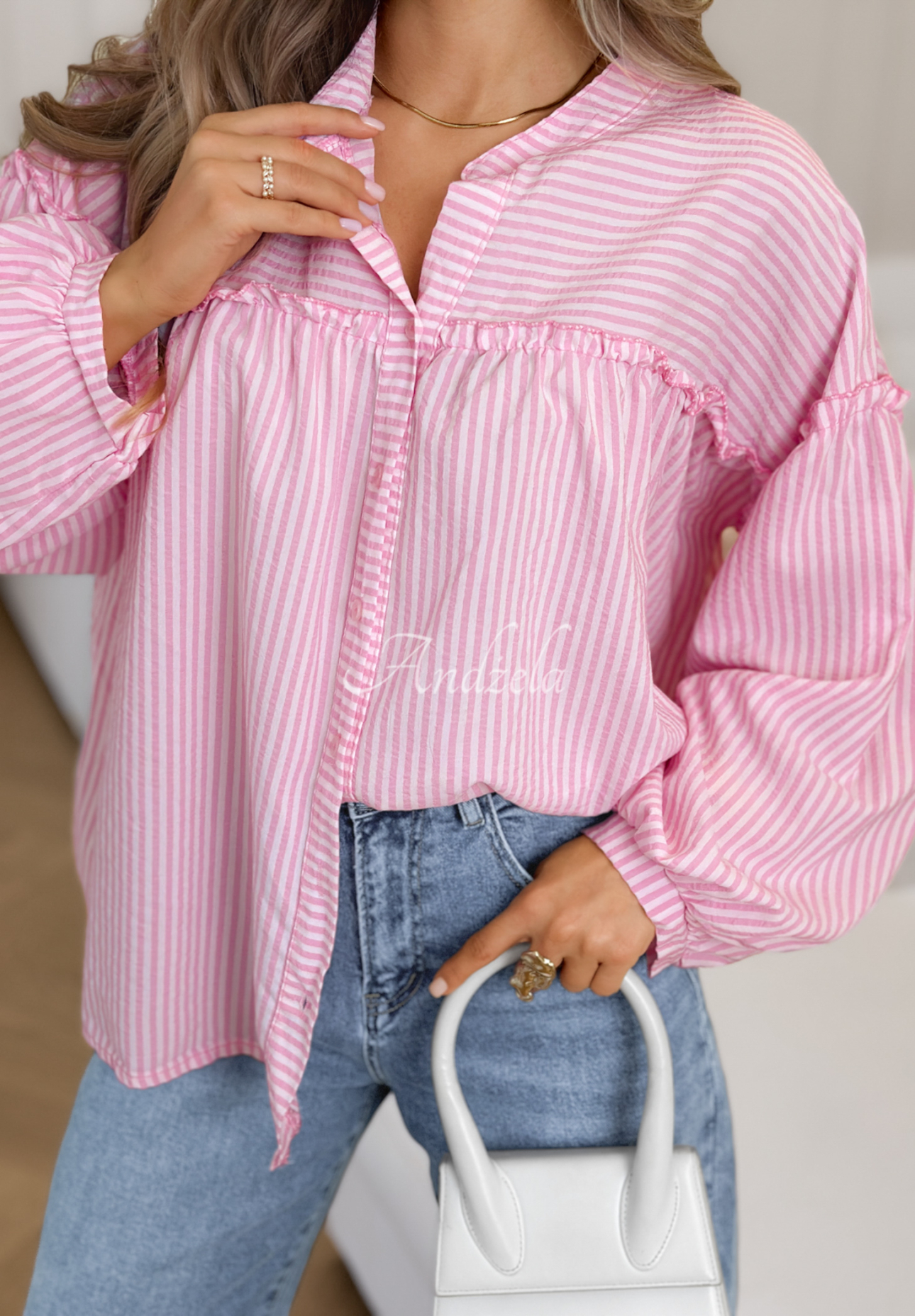 Pure Lines white and pink striped cotton shirt with puff sleeves