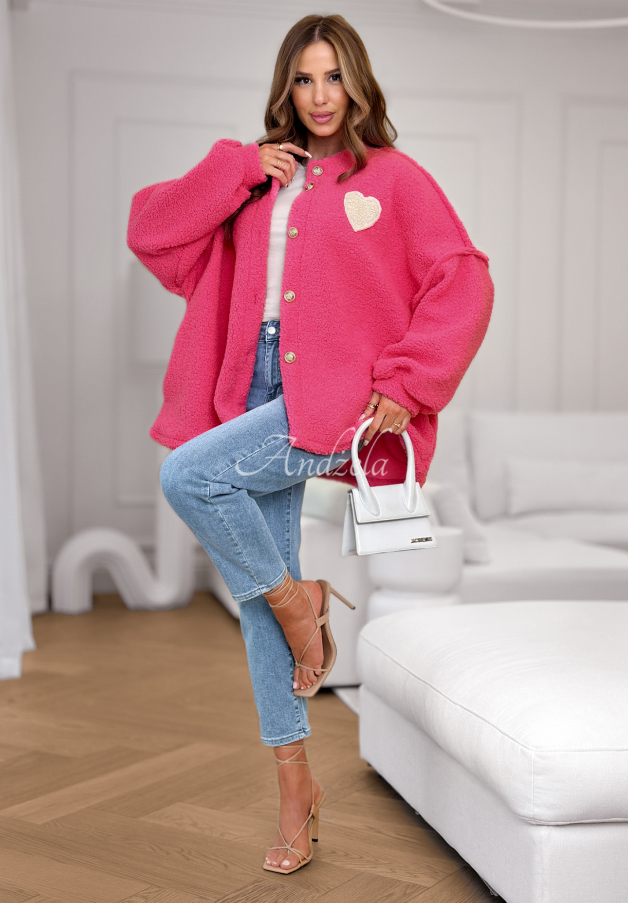 Kurze Sherpa-Jacke aus Lammfellimitat April Feels Rosa