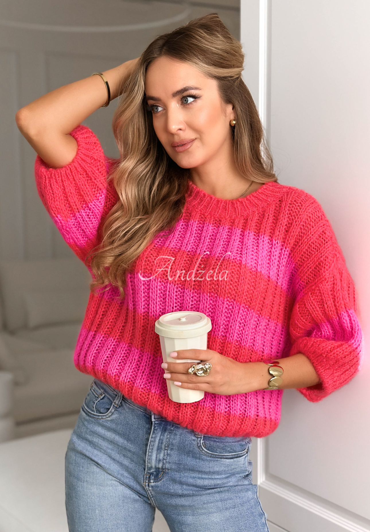 Gestreifter Pullover mit Mohairanteil Fashion Stripes Rosa