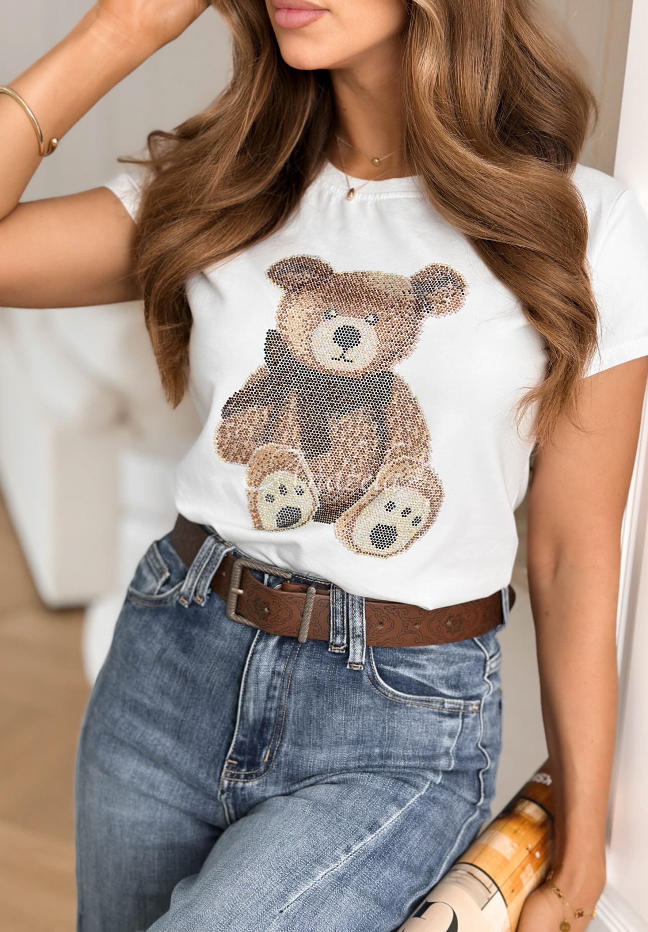 Baumwoll-T-Shirt mit Teddybär und Kristallen Jetty Bear Weiß