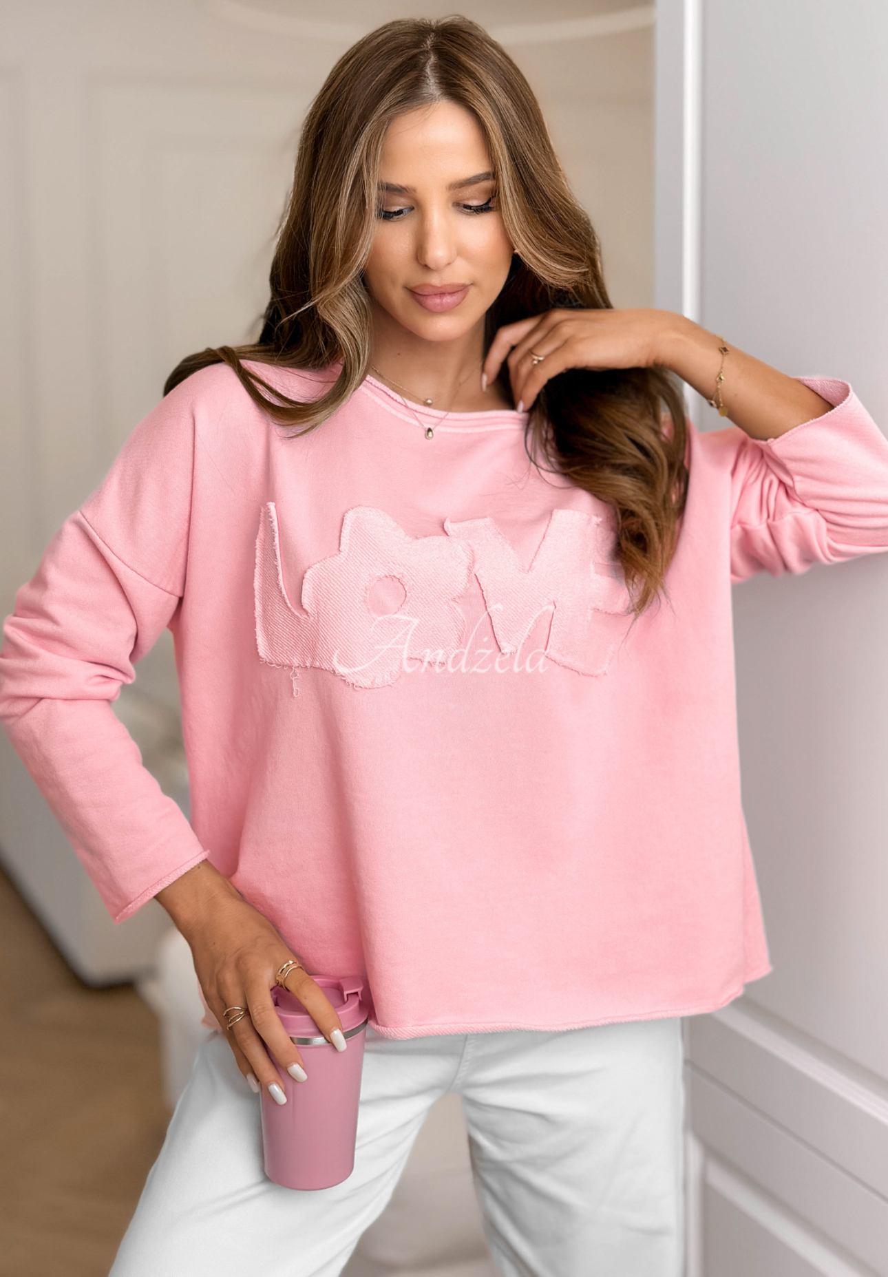 Cotton blouse with Flowers & Love inscription, pink