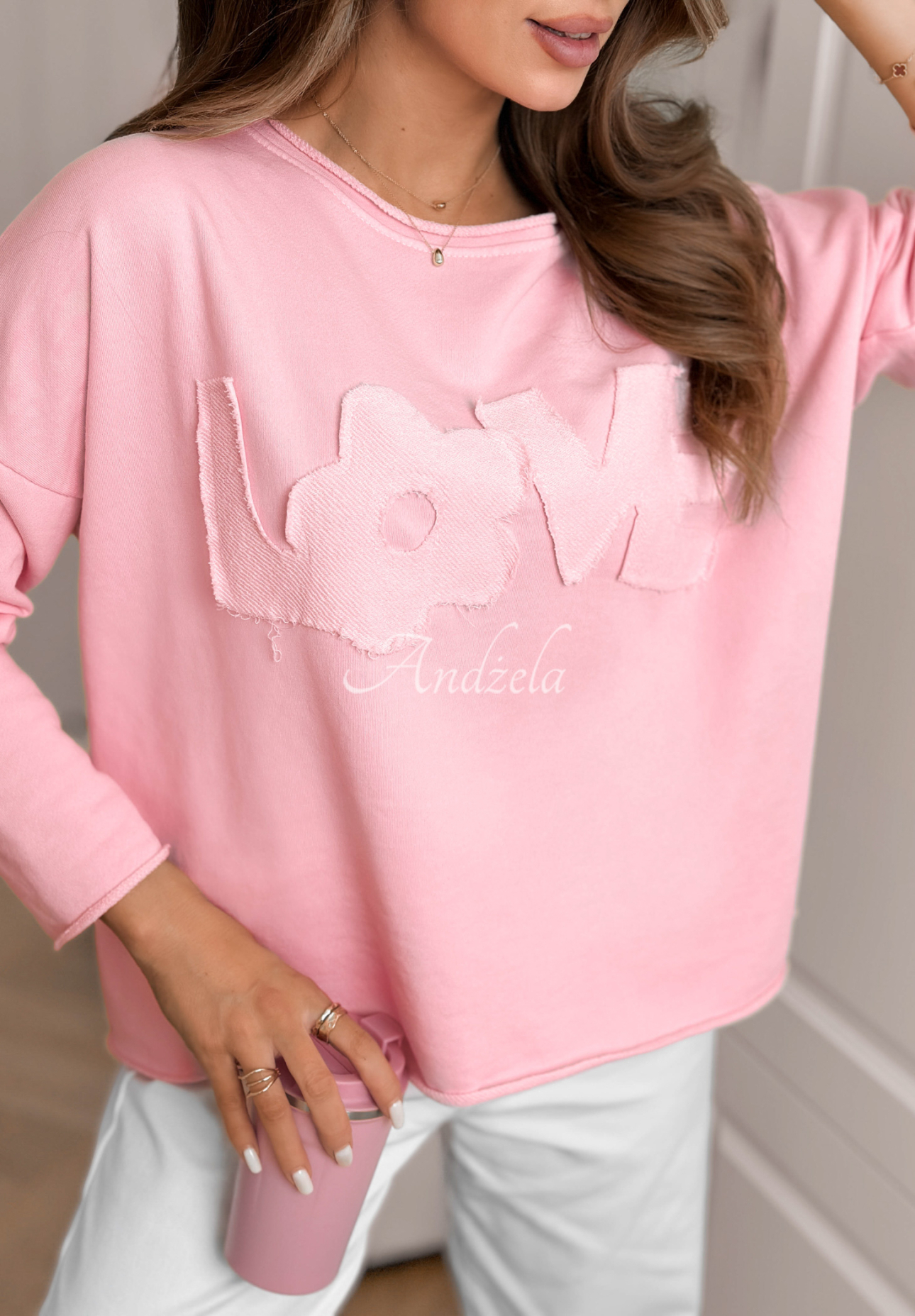 Cotton blouse with Flowers &amp; Love inscription, pink