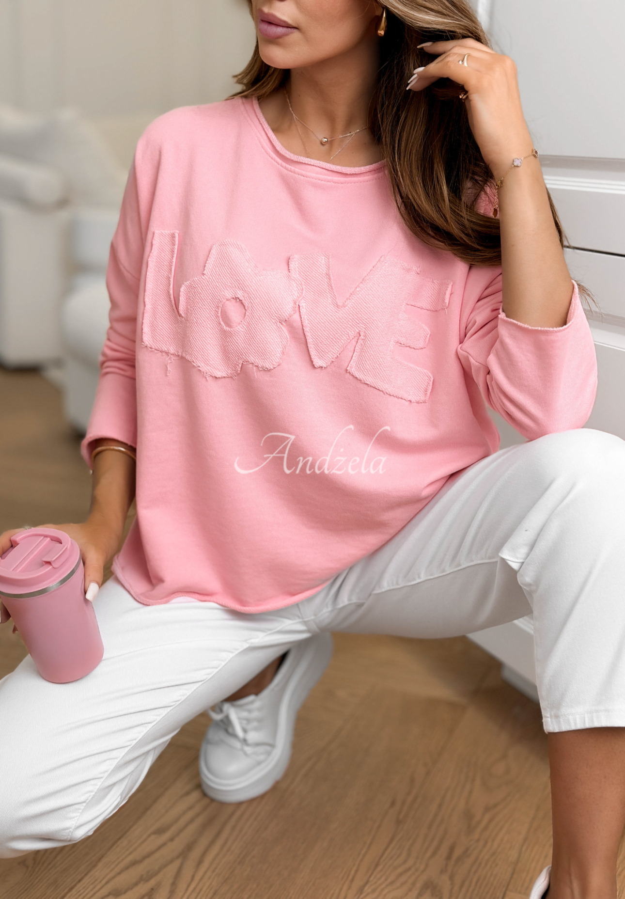 Cotton blouse with Flowers &amp; Love inscription, pink