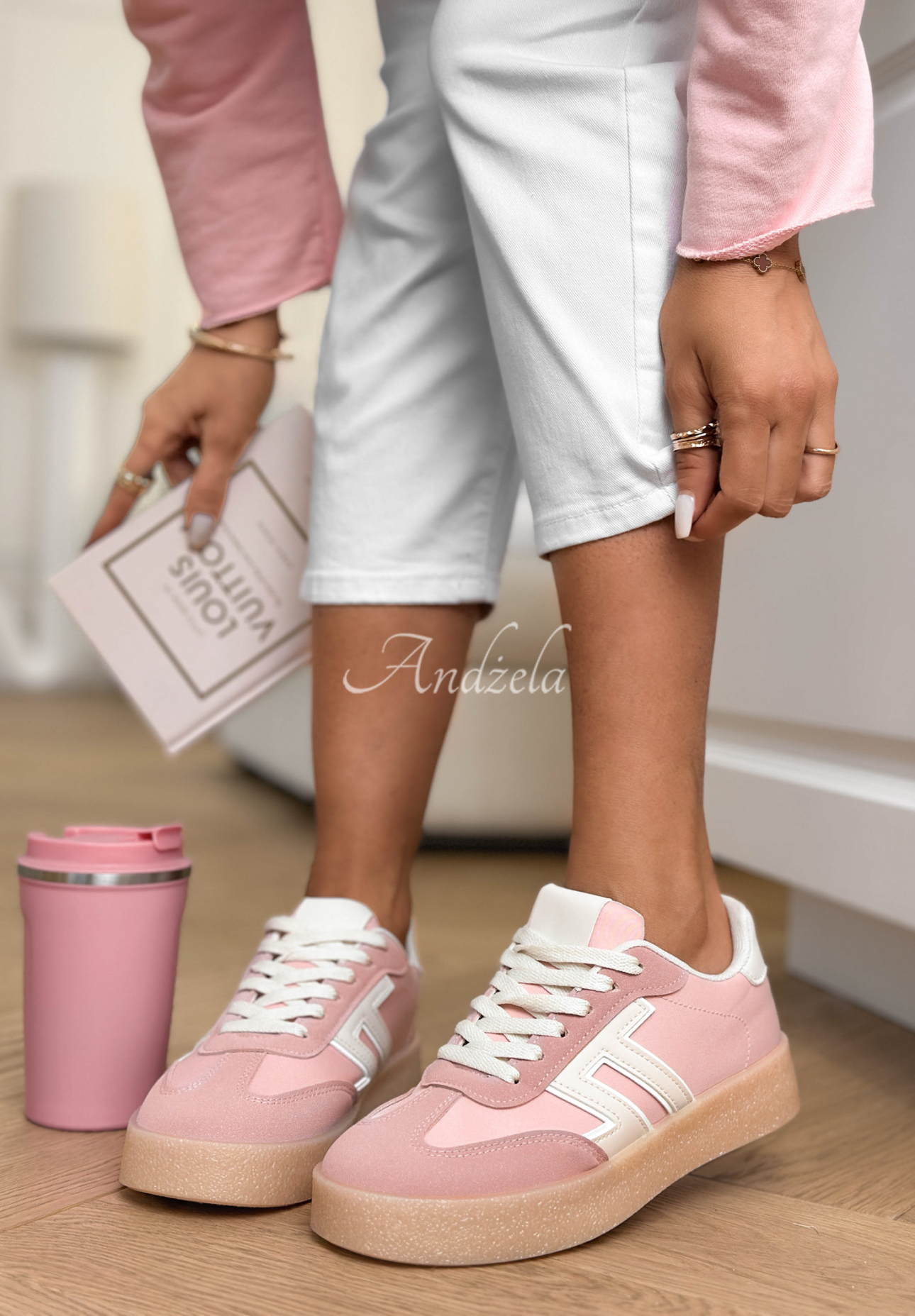 Gotta Keep Going pink and white sneakers