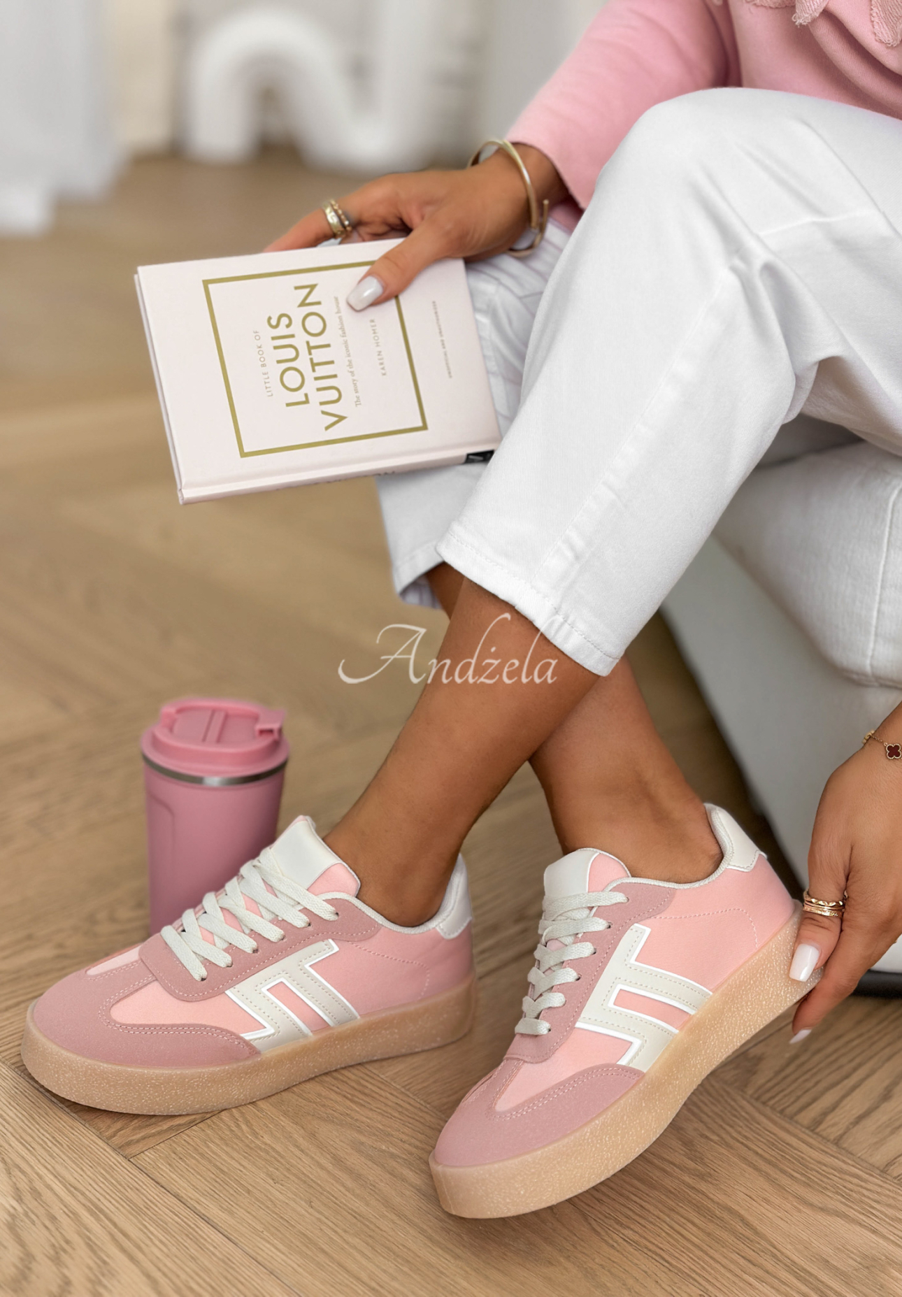 Gotta Keep Going pink and white sneakers