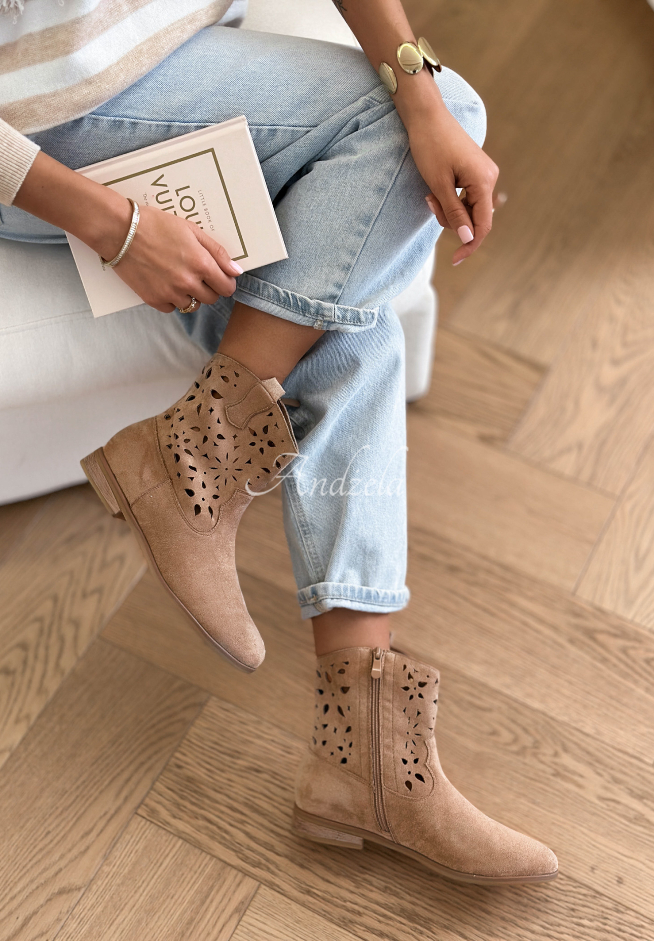 Good Times Roll beige suede openwork ankle boots