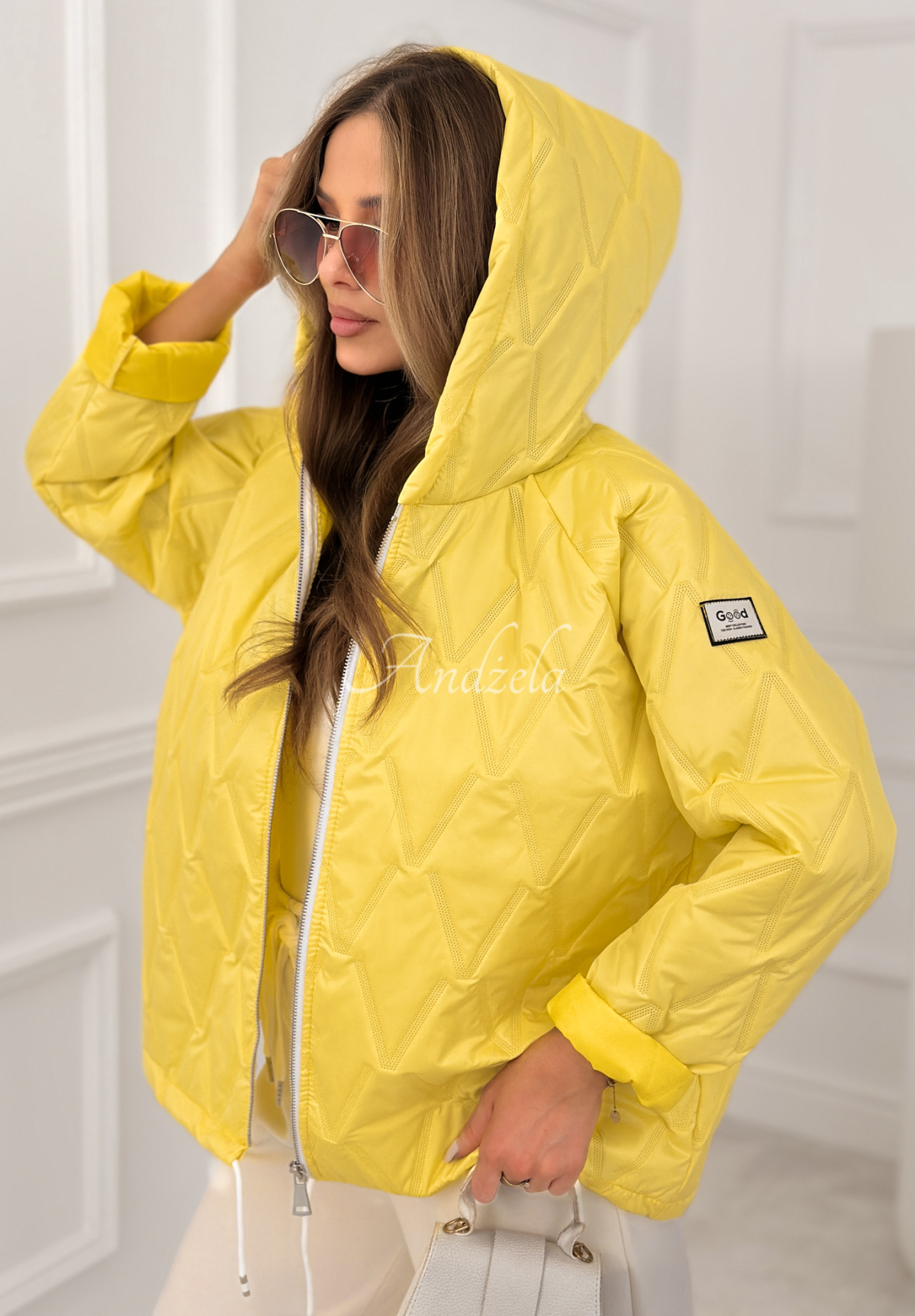 Springtime Starts short quilted jacket with hood, yellow