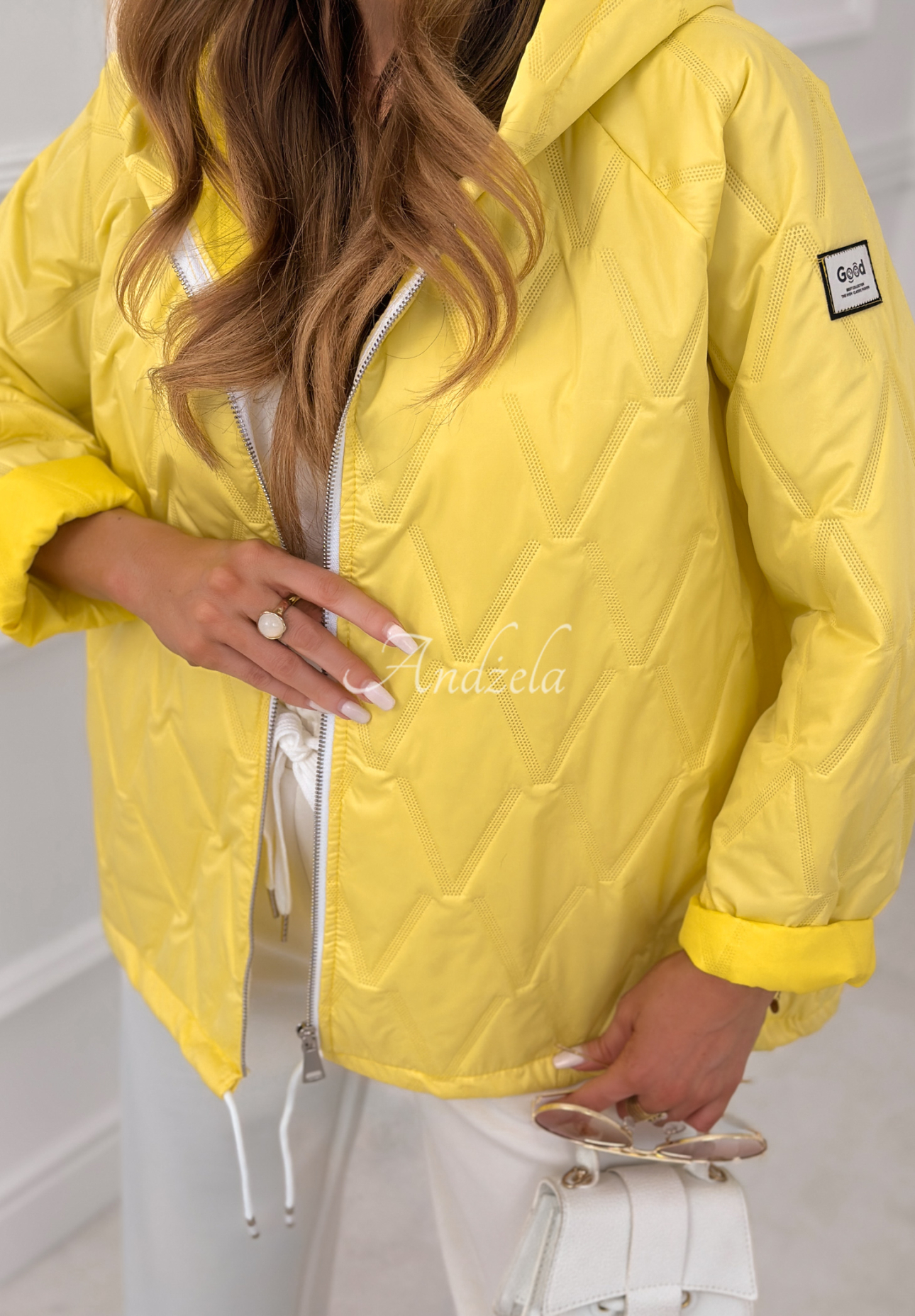 Springtime Starts short quilted jacket with hood, yellow