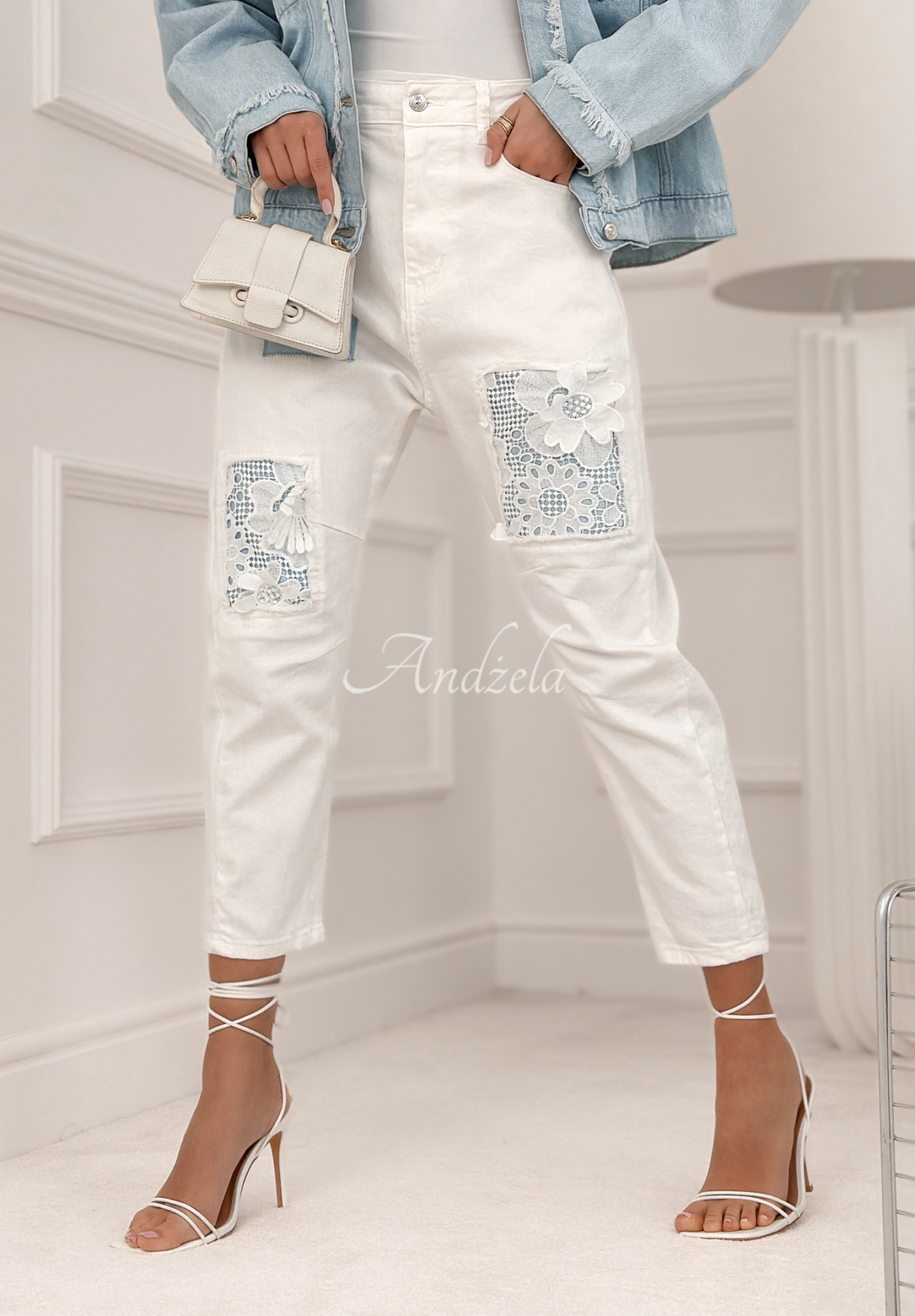 Mom fit jeans with Maybe In May patches, white