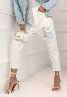 Mom fit jeans with Maybe In May patches, white