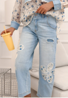 Hose Jeans mom fit z haftami Flowery Gifts Hellblau