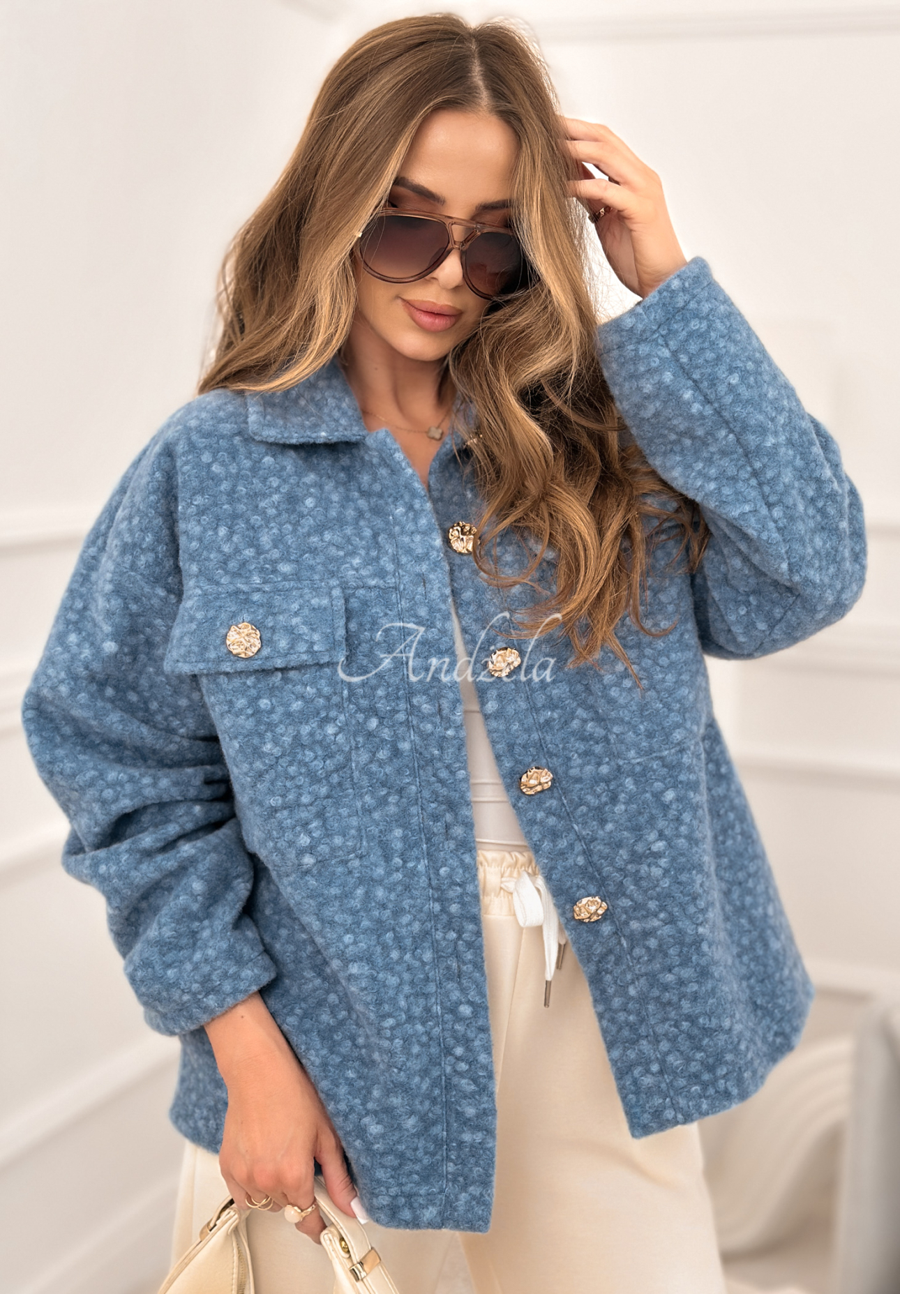 Warming Up short bouclé sheepskin jacket, blue