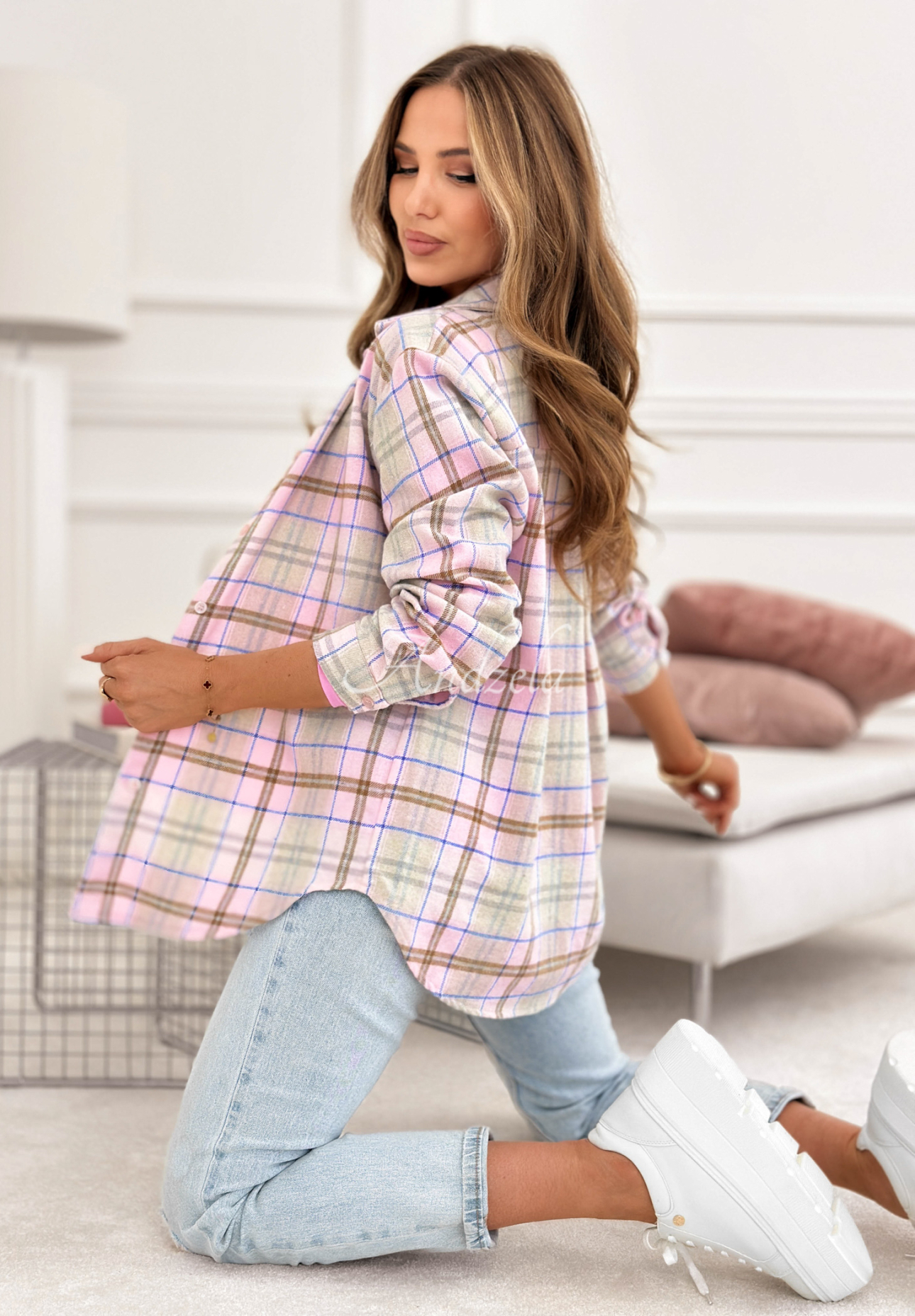 Kariertes Baumwollhemd Before I Forget Puderrosa