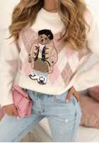 Pullover w romby z misiem Lady Bear Ecru