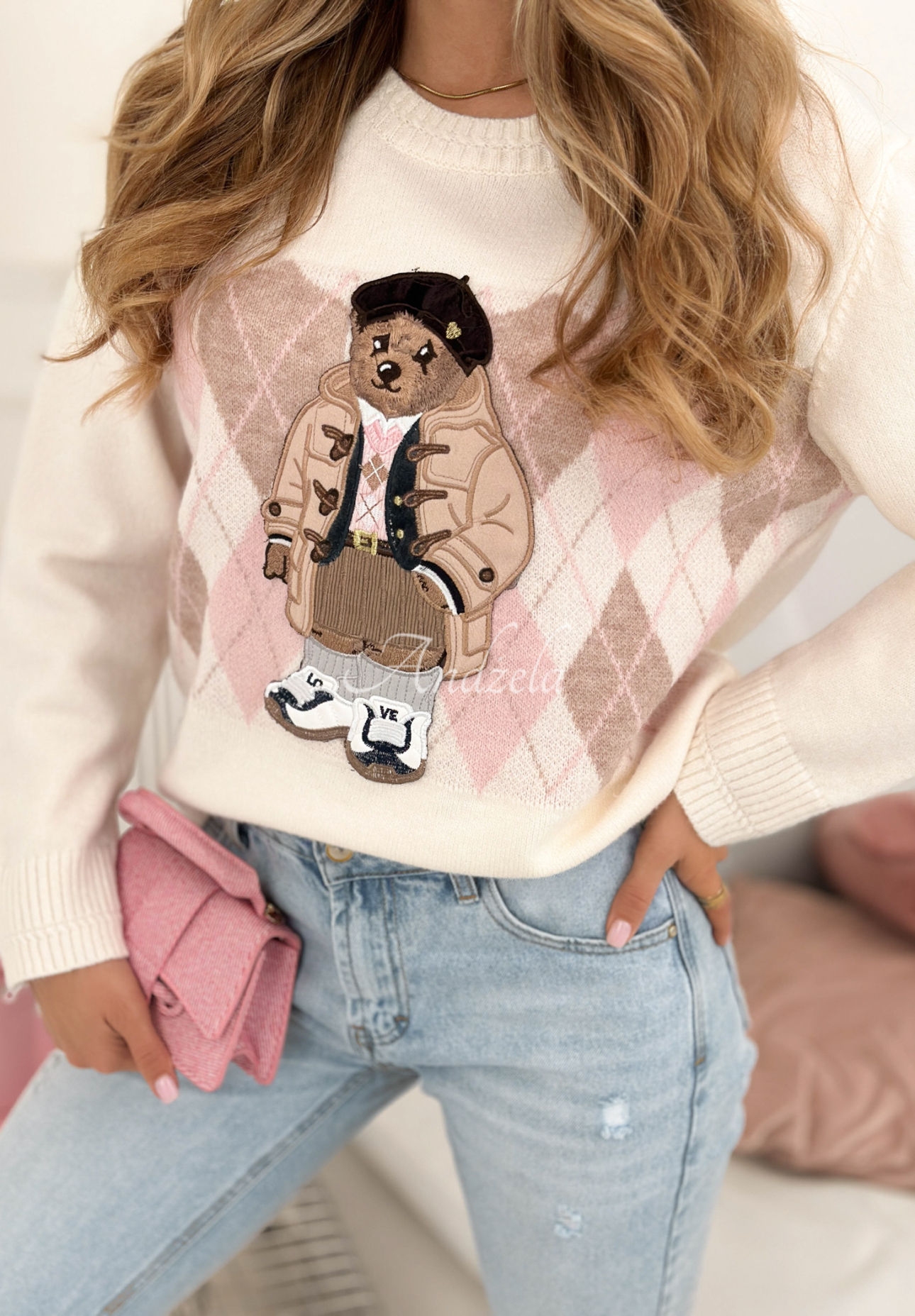 Viskose-Pullover mit Rautenmuster und Teddybär Lady Bear Ecru