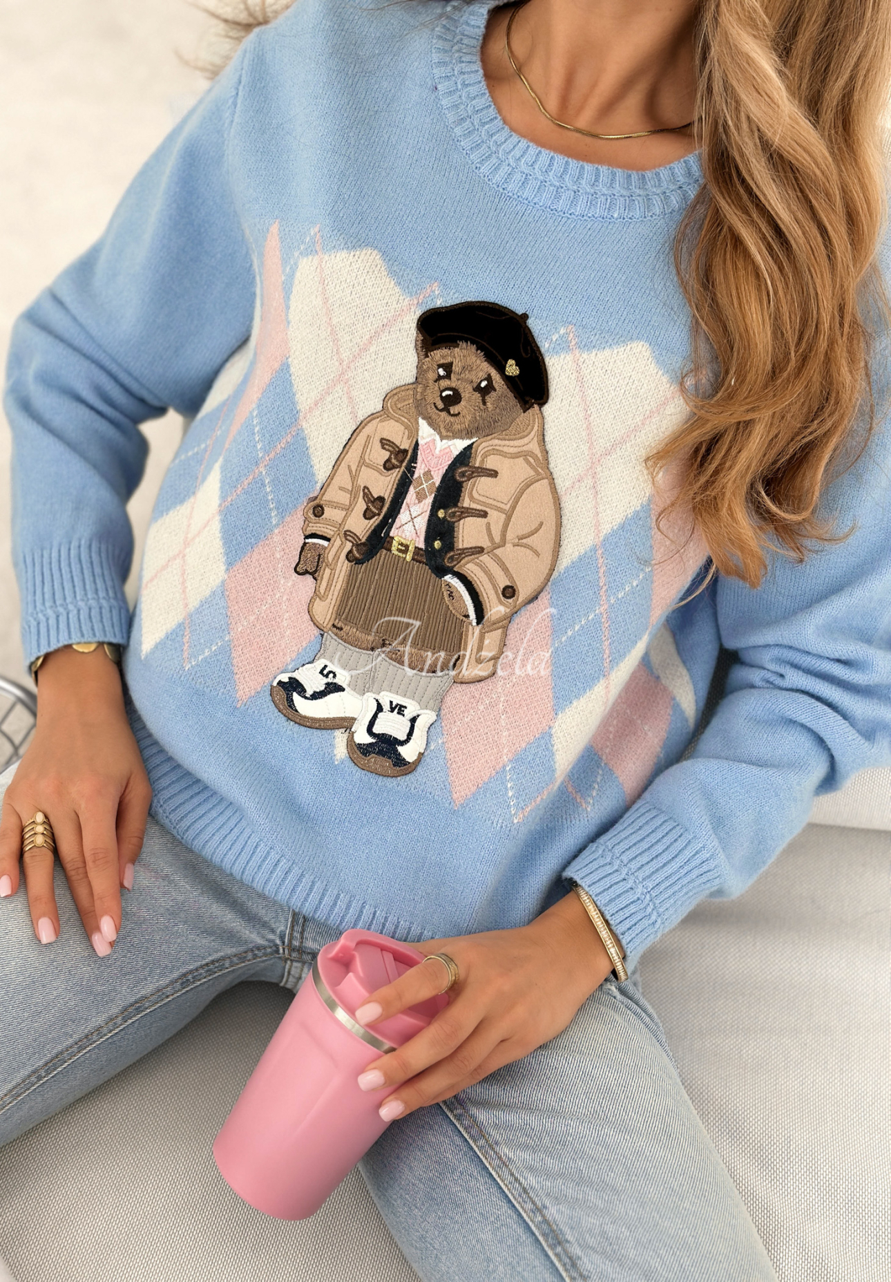 Viskose-Pullover mit Rautenmuster und Teddybär Lady Bear Himmelblau