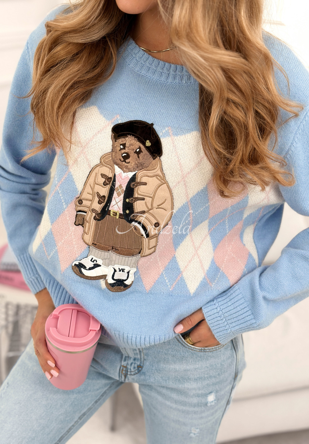 Viscose sweater with diamond pattern and Lady Bear teddy bear, sky blue