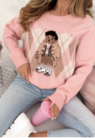 Sweter w romby z misiem Lady Bear pudrowy róż