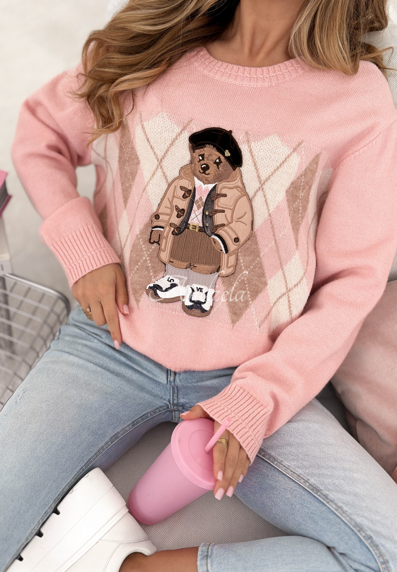 Viskose-Pullover mit Rautenmuster und Teddybär Lady Bear Puderrosa