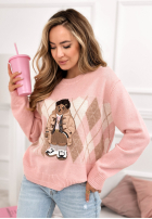Sweter w romby z misiem Lady Bear pudrowy róż
