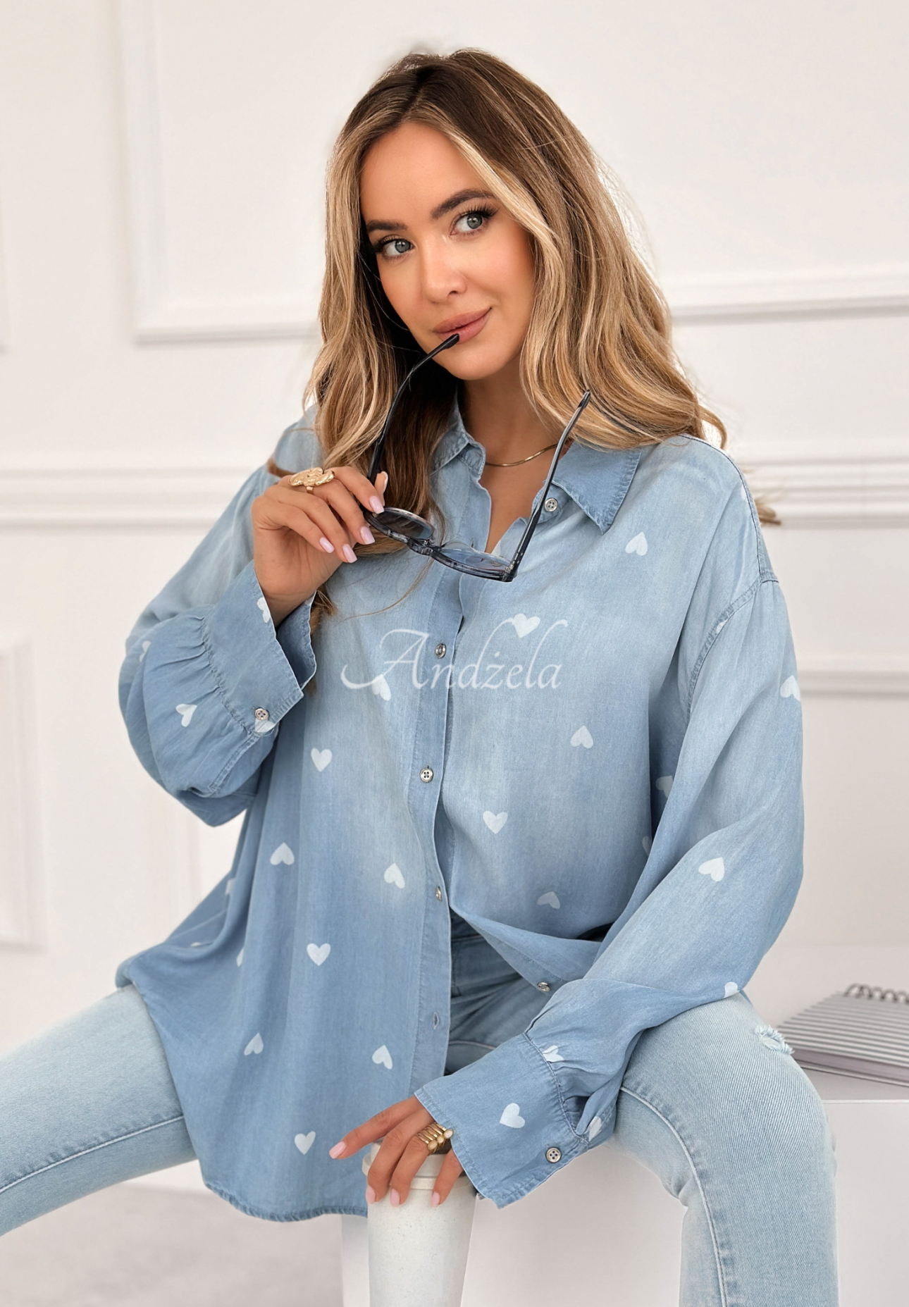 Denim-Hemd mit Herzmuster Sweet Little Hearts Hellblau
