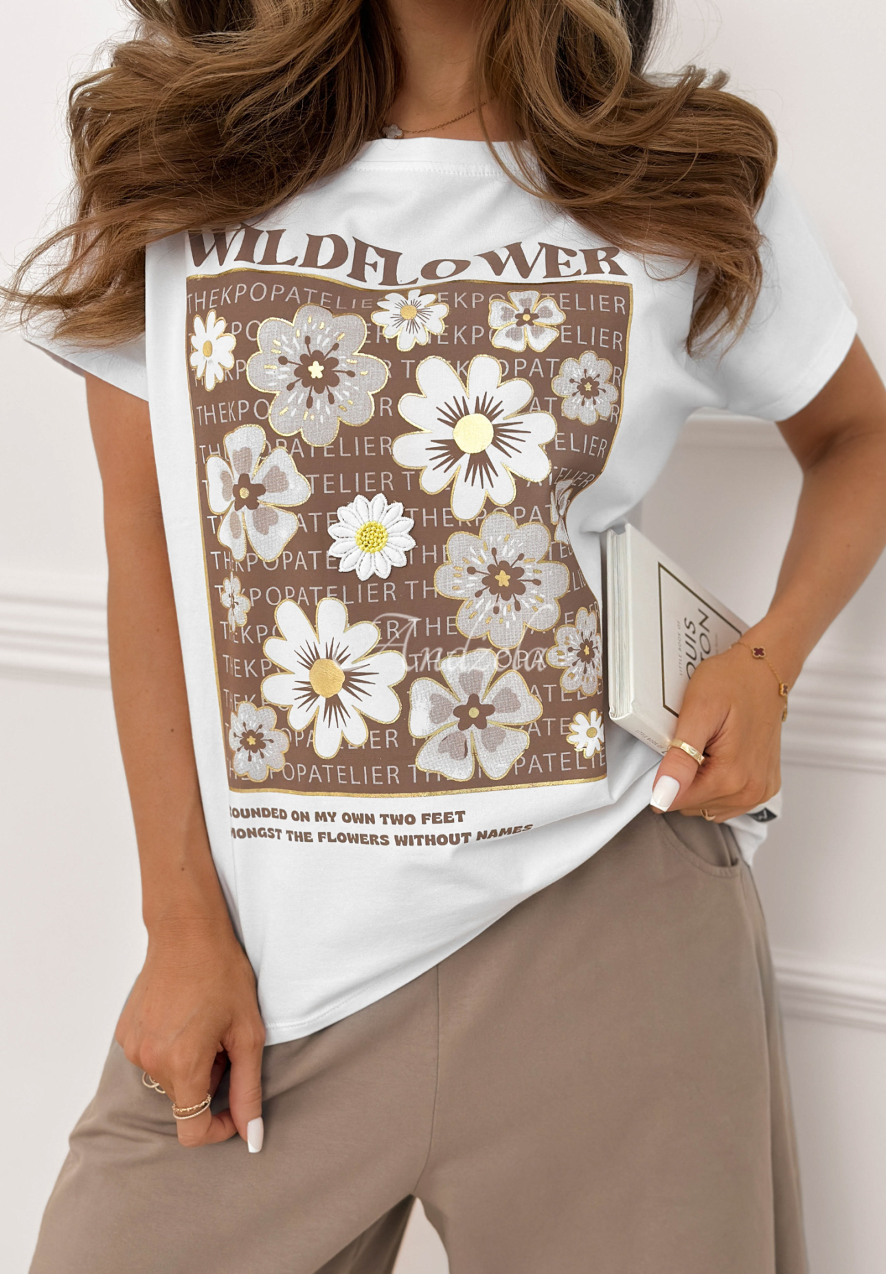 Cotton T-shirt with Golden Wildflowers print, white