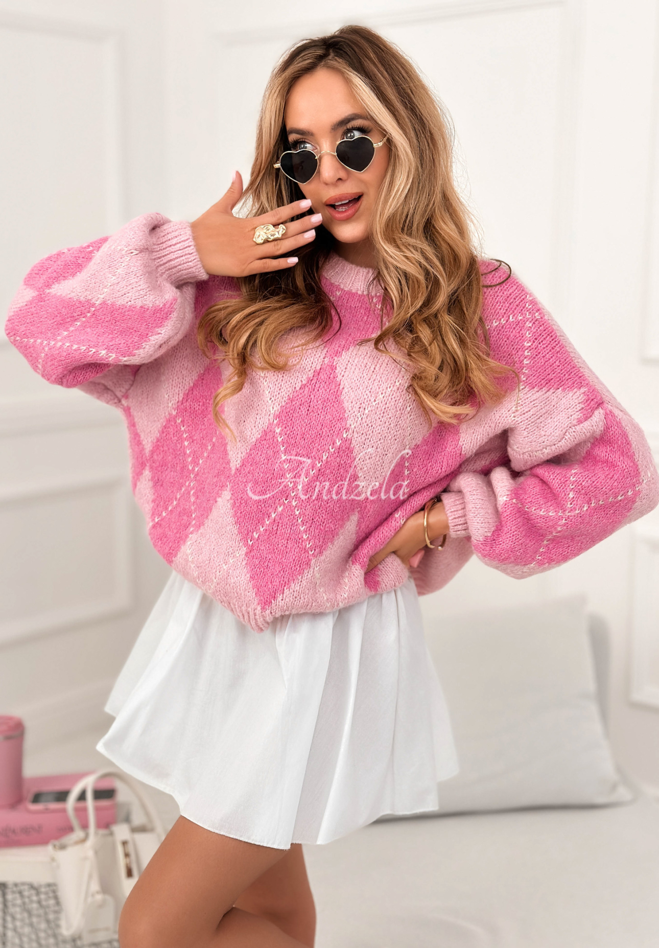 Weicher Pullover mit Rautenmuster mit Wolle und Viskose Strawberry Smoothie Rosa