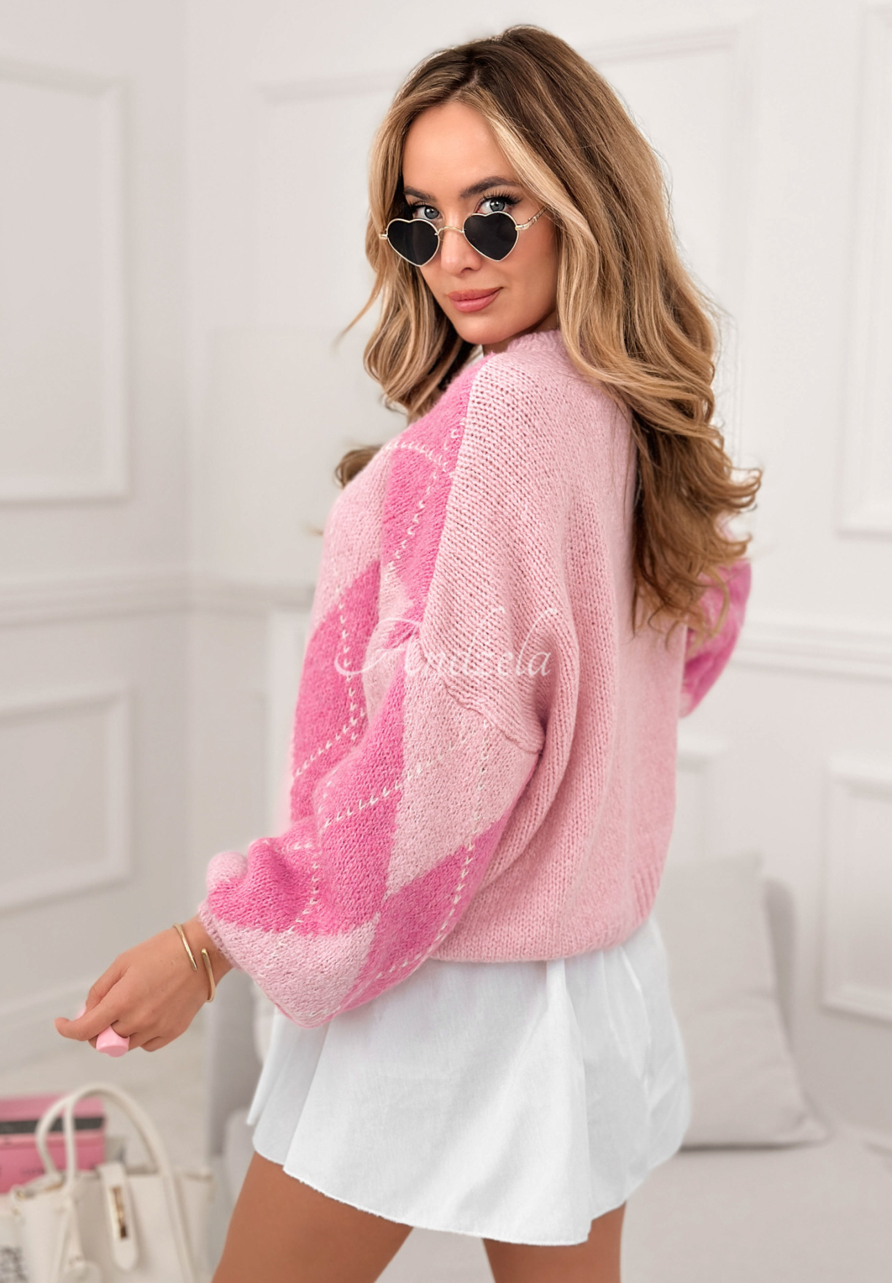 Weicher Pullover mit Rautenmuster mit Wolle und Viskose Strawberry Smoothie Rosa