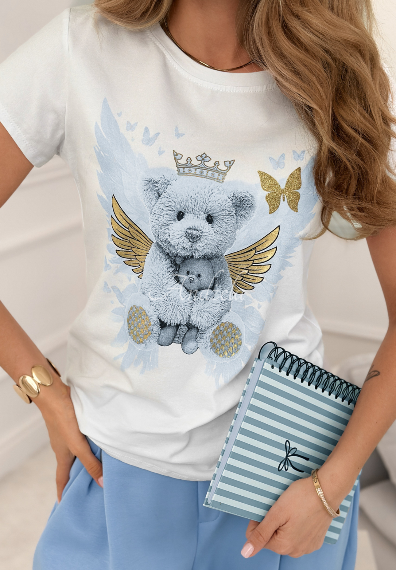 Cotton T-shirt with Angel Bear print, white and blue