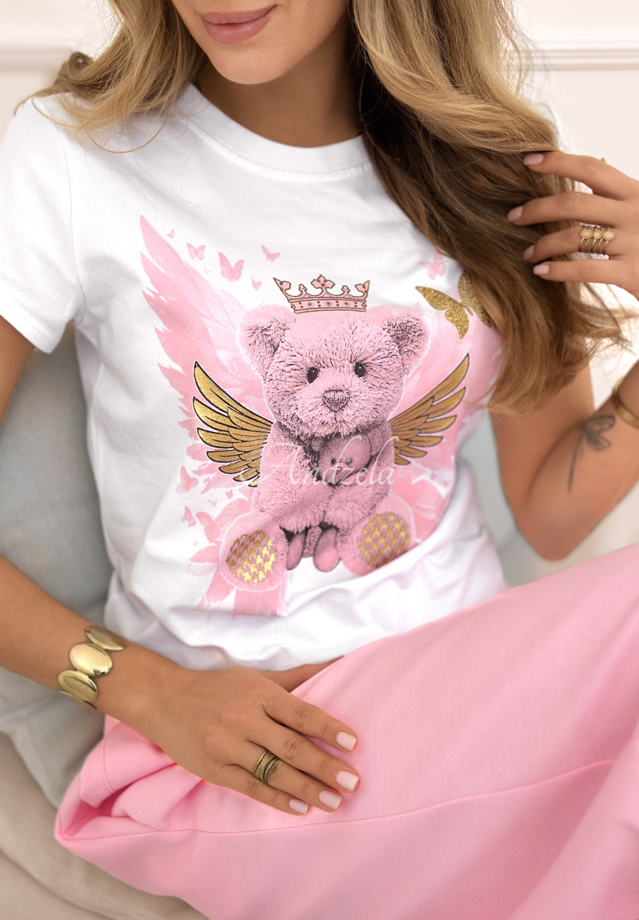 Cotton T-shirt with Angel Bear print, white and pink
