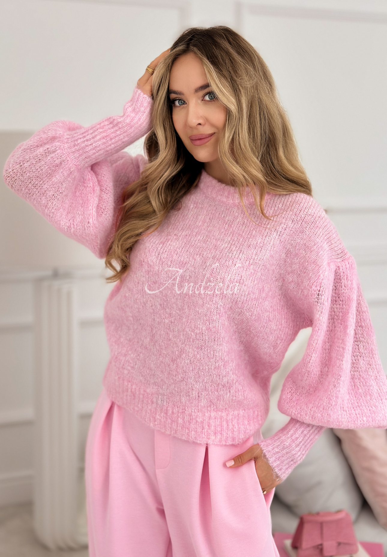 Weicher Pullover mit Puffärmeln und Wolle Colorful Clouds Puderrosa