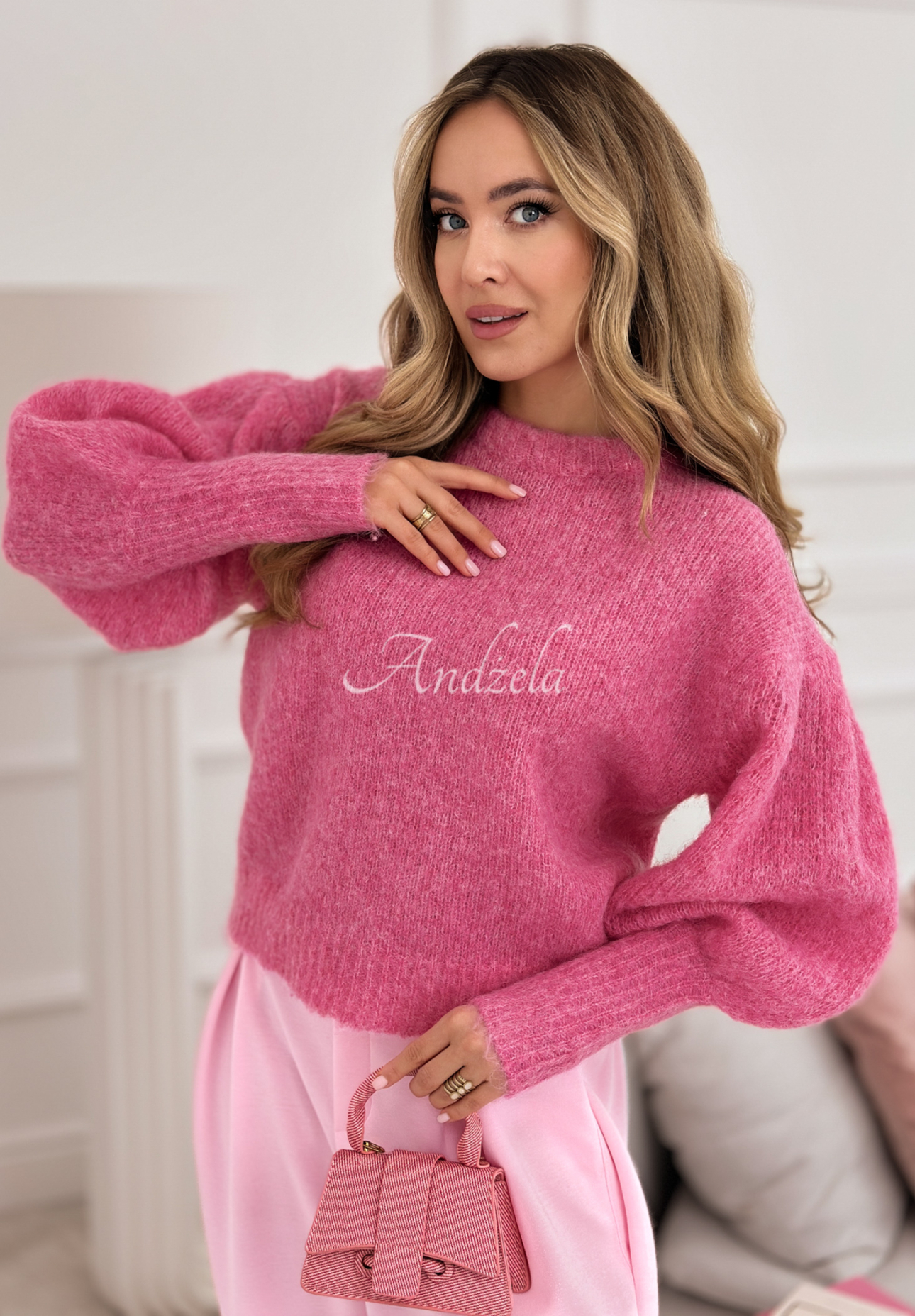 Weicher Pullover mit Puffärmeln und Wolle Colorful Clouds Rosa