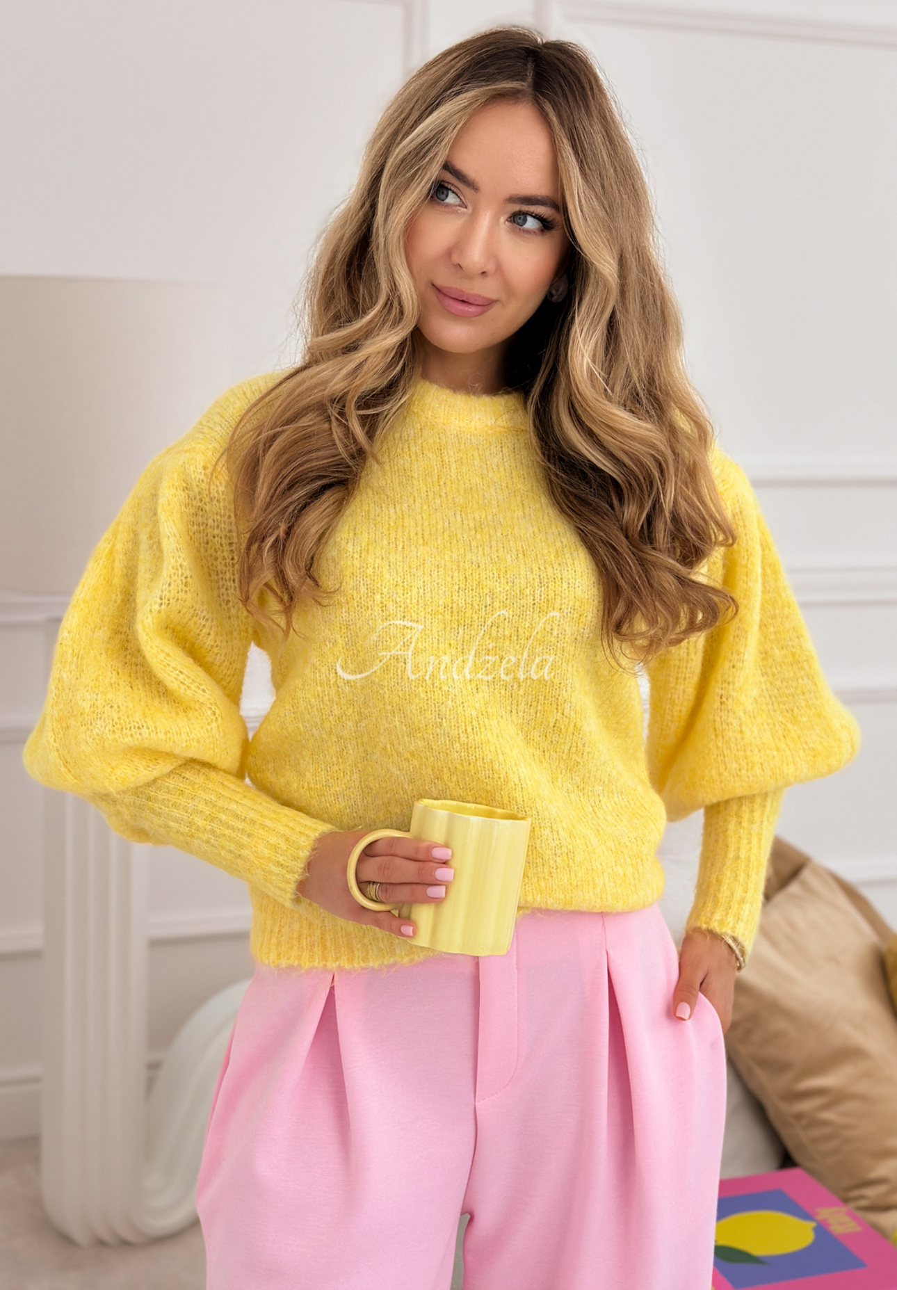 Weicher Pullover mit Puffärmeln und Wolle Colorful Clouds Gelb