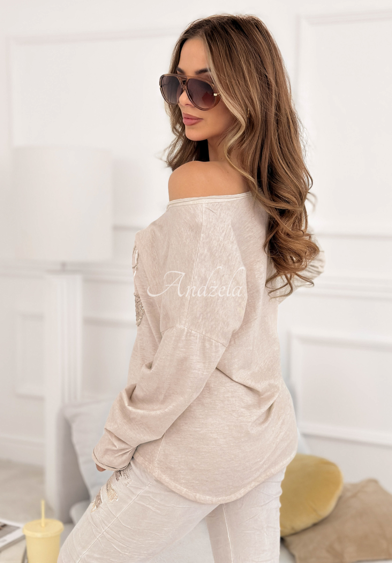 Cotton blouse with sequins and Perfectly Imperfect print, beige