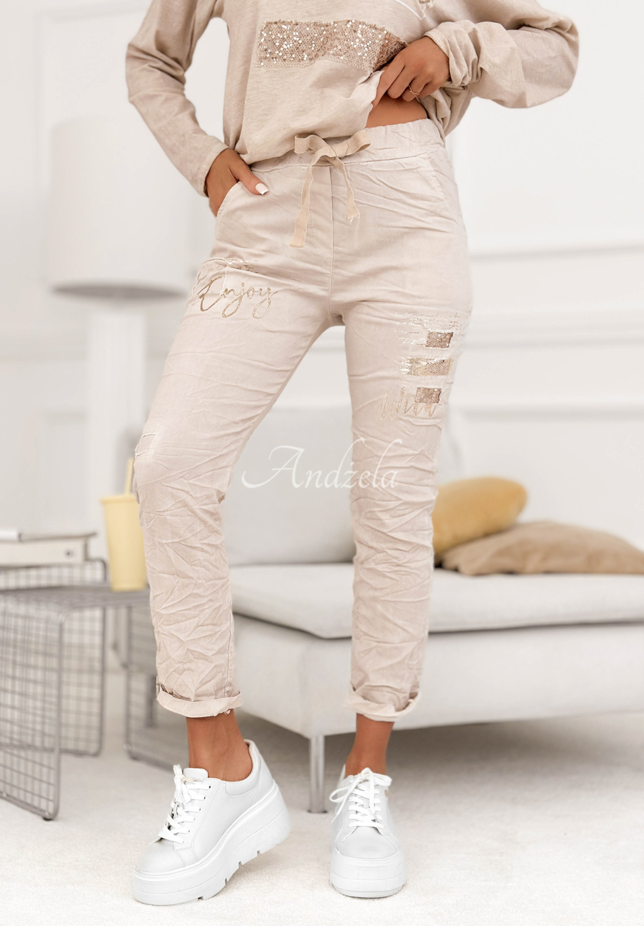 Stoffhose aus Viskose mit Pailletten Perfectly Imperfect Beige