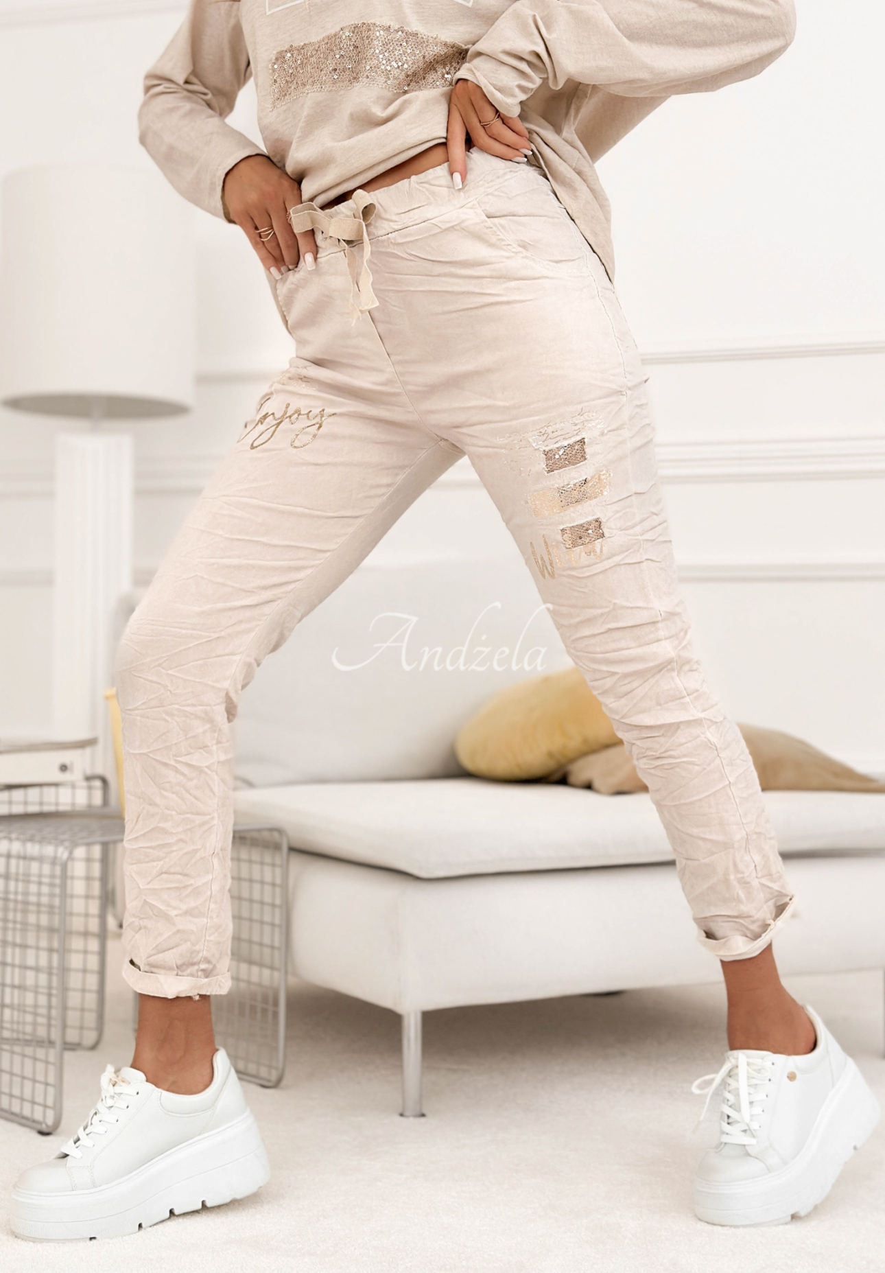 Stoffhose aus Viskose mit Pailletten Perfectly Imperfect Beige