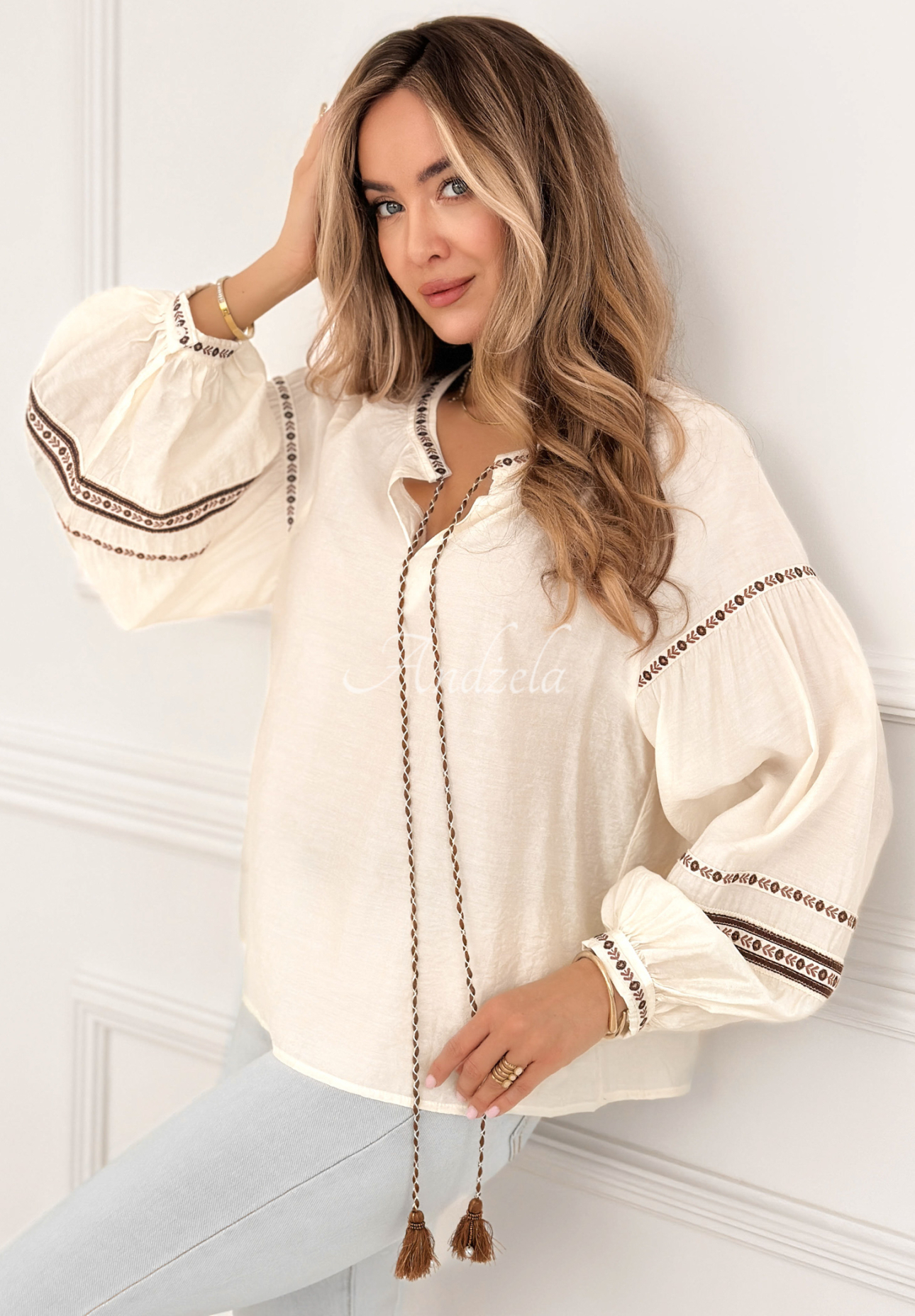 Bluse mit Puffärmeln boho Arkansas Views Ecru