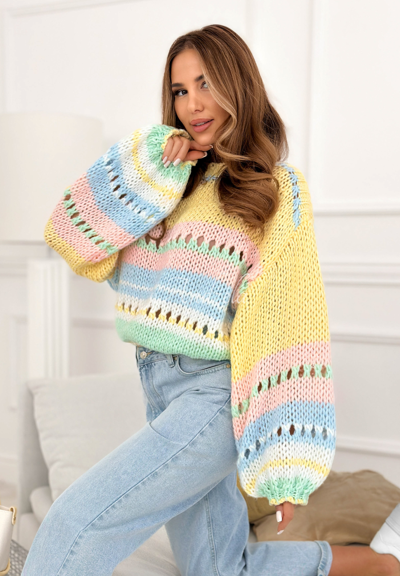 Soft cotton sweater with colorful stripes Pastel Rainbow yellow and blue