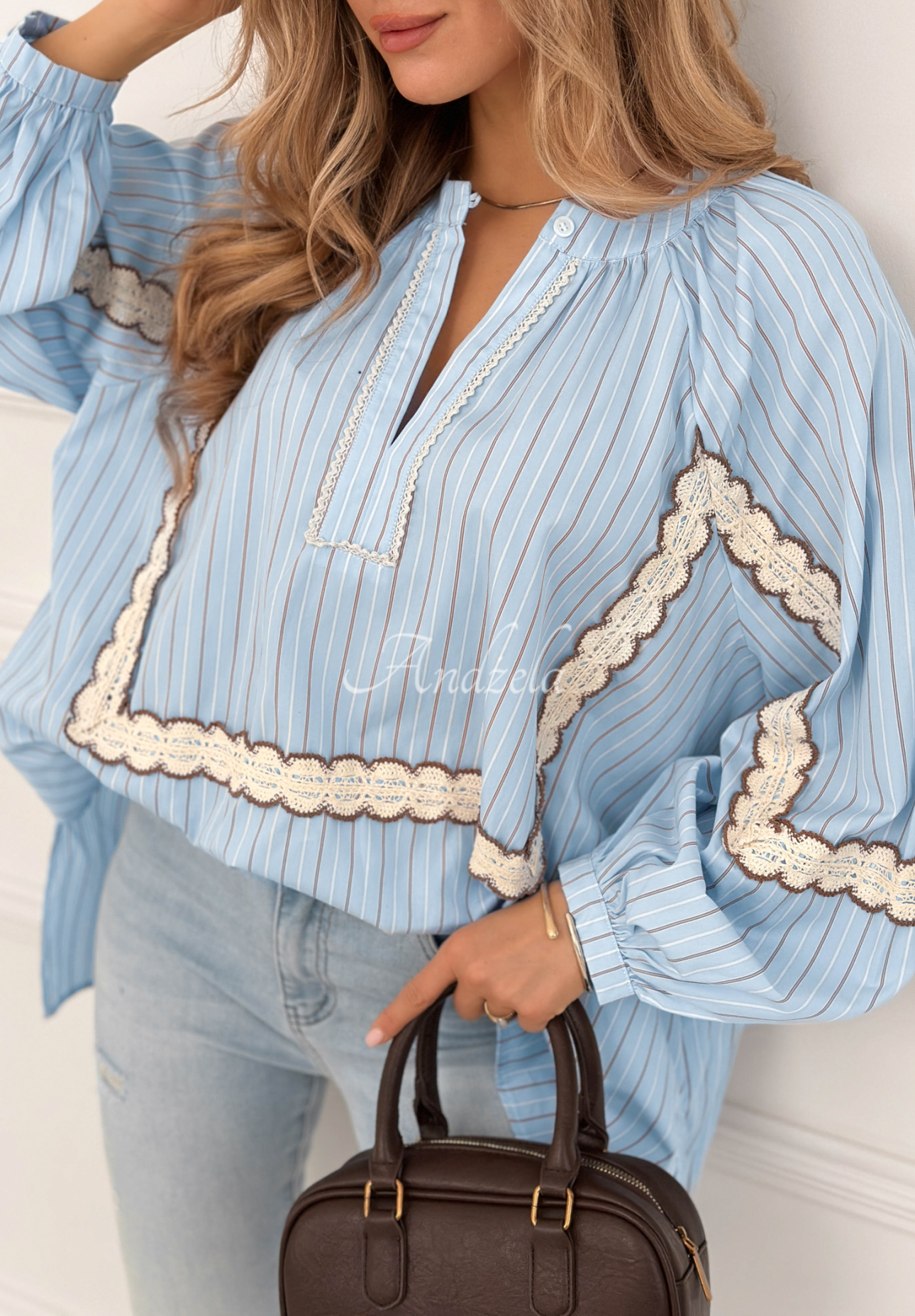 Cotton striped blouse with lace Beauty Begins Now sky blue