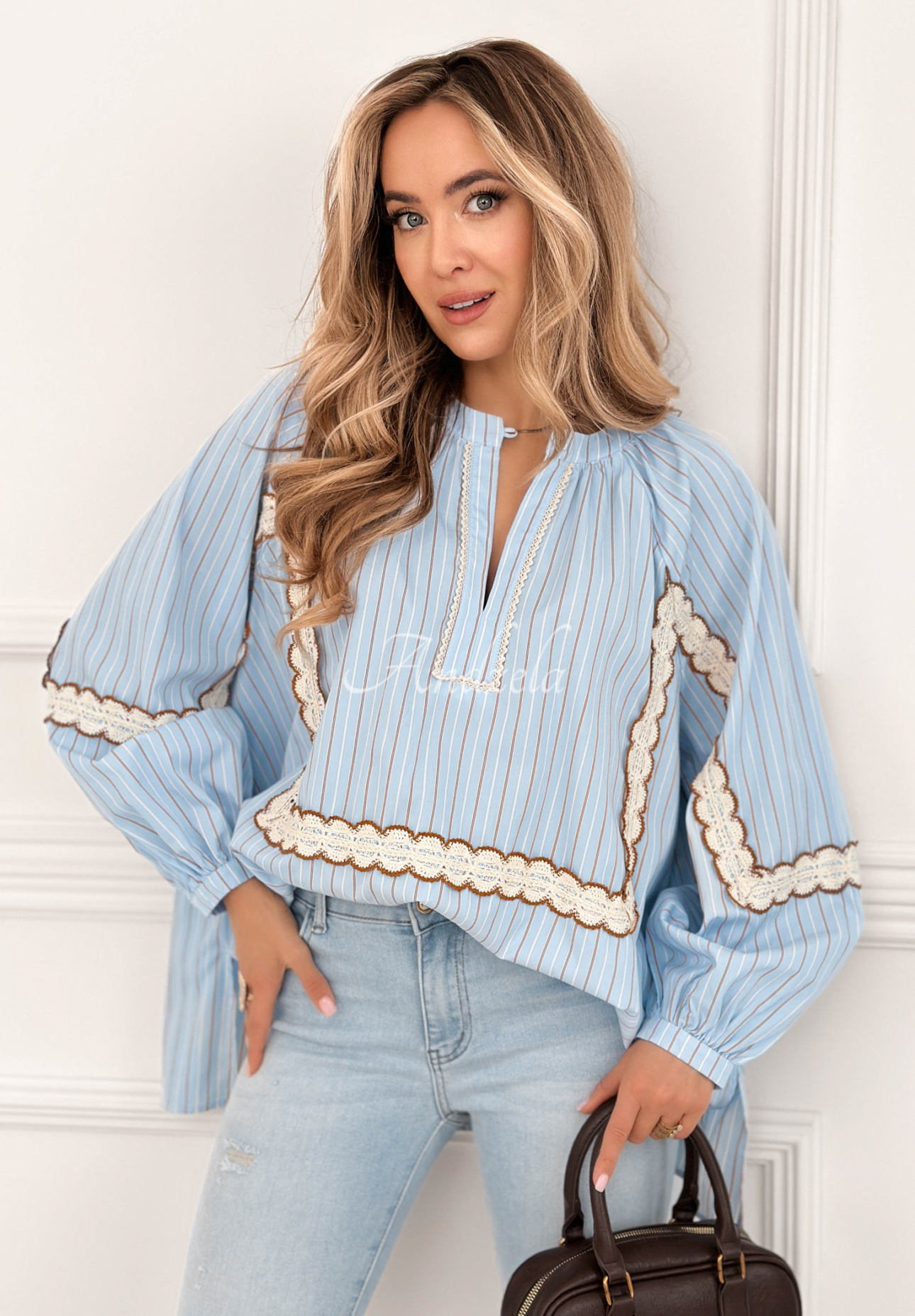 Cotton striped blouse with lace Beauty Begins Now sky blue