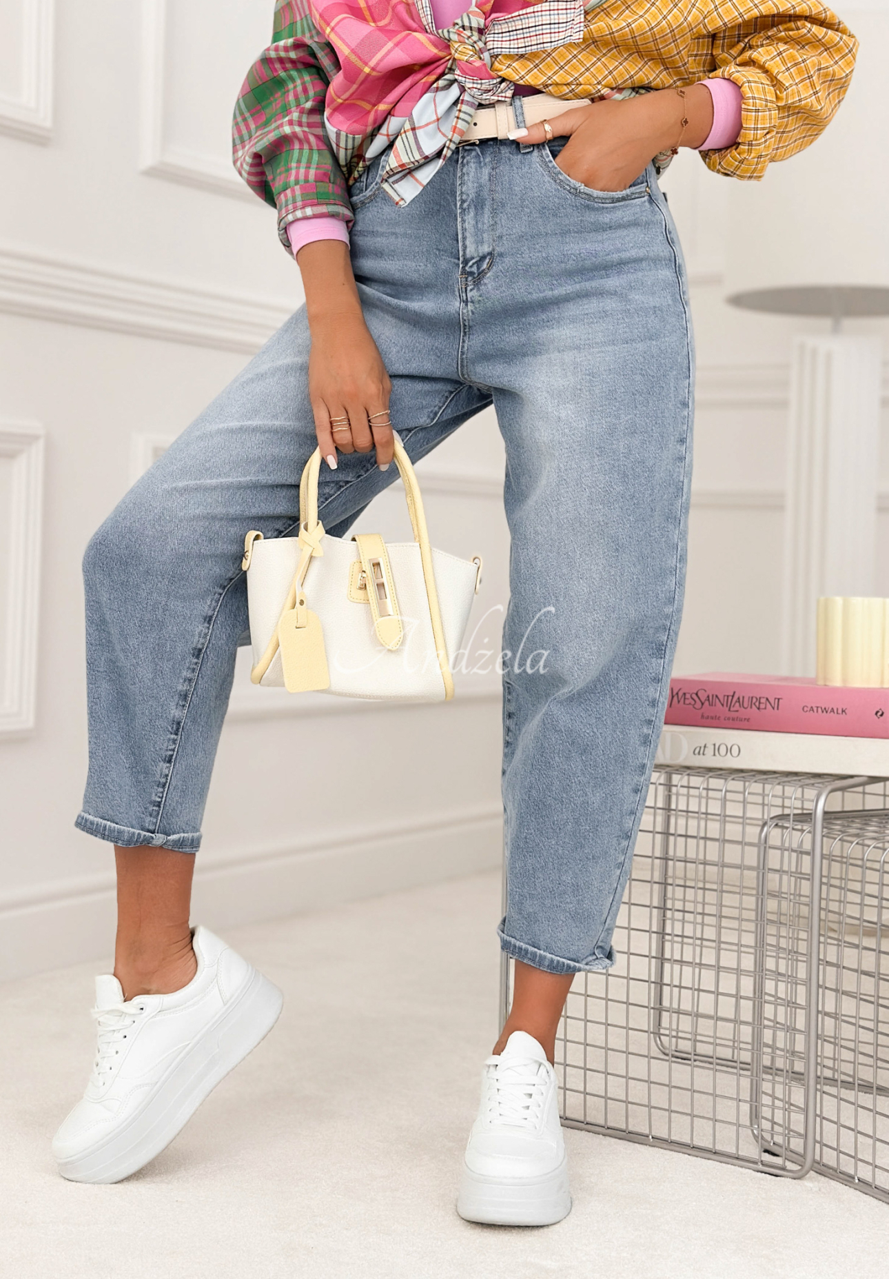 Mom fit jeans with I Said Enough belt, blue