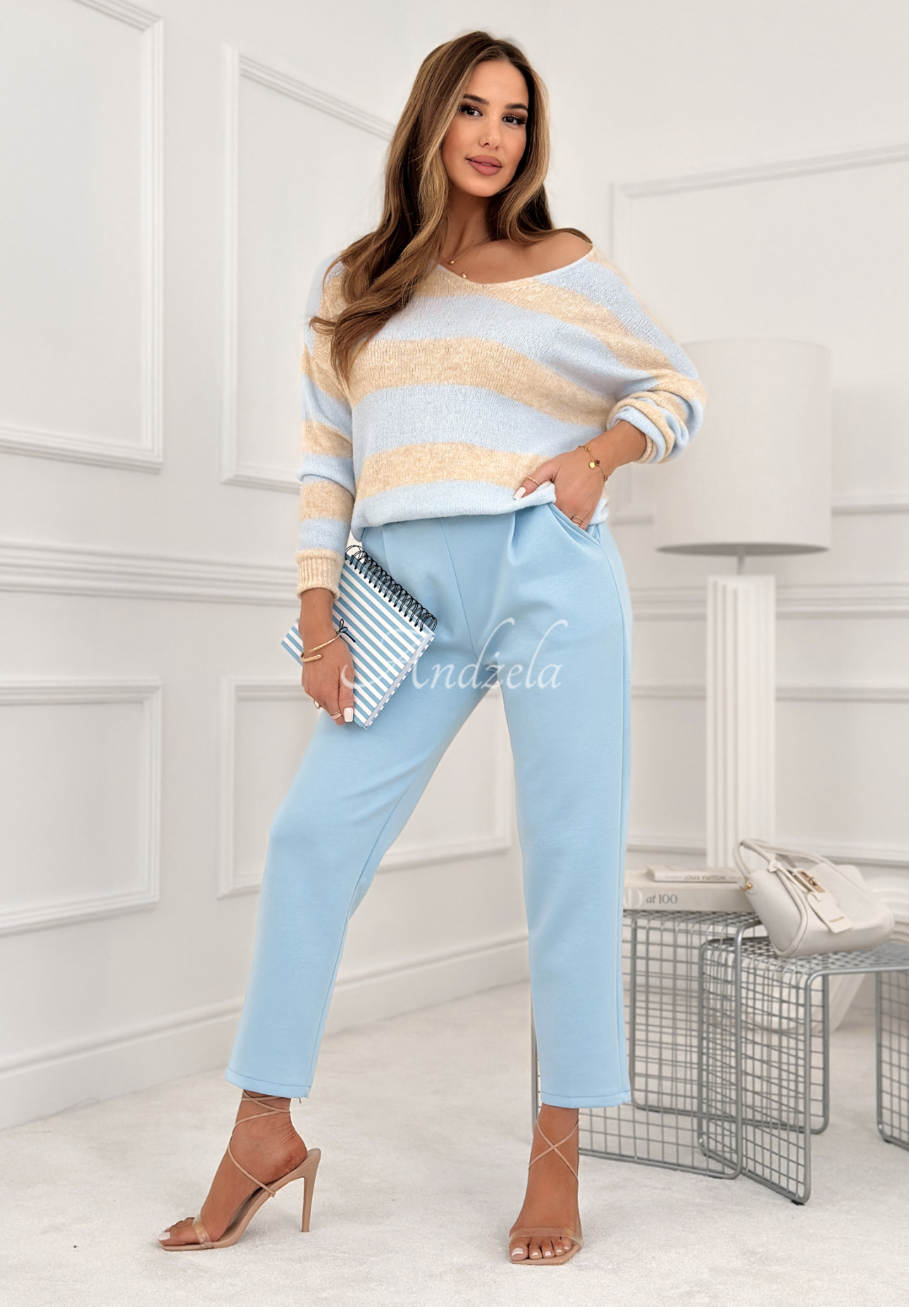 Springtime Stripes beige and blue striped sweater with a neckline