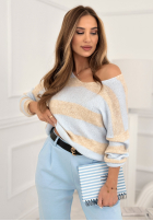 Pullover w paski z dekoltem Springtime Stripes Beige-Himmelblau