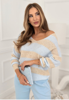 Pullover w paski z dekoltem Springtime Stripes Beige-Himmelblau