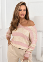 Pullover w paski z dekoltem Springtime Stripes Beige-Rosa