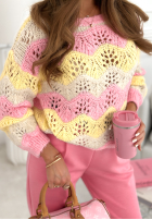 Miękki ażurowy Pullover w kolorowe wzory Fluffy Cotton żółto-Rosa