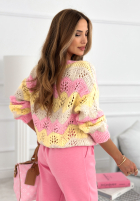 Miękki ażurowy Pullover w kolorowe wzory Fluffy Cotton żółto-Rosa