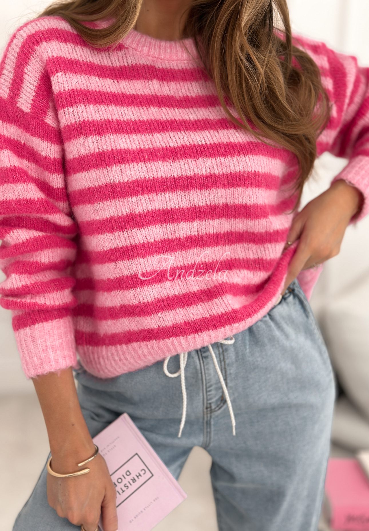 Gestreifter Wollpullover Candy Lines Rosa