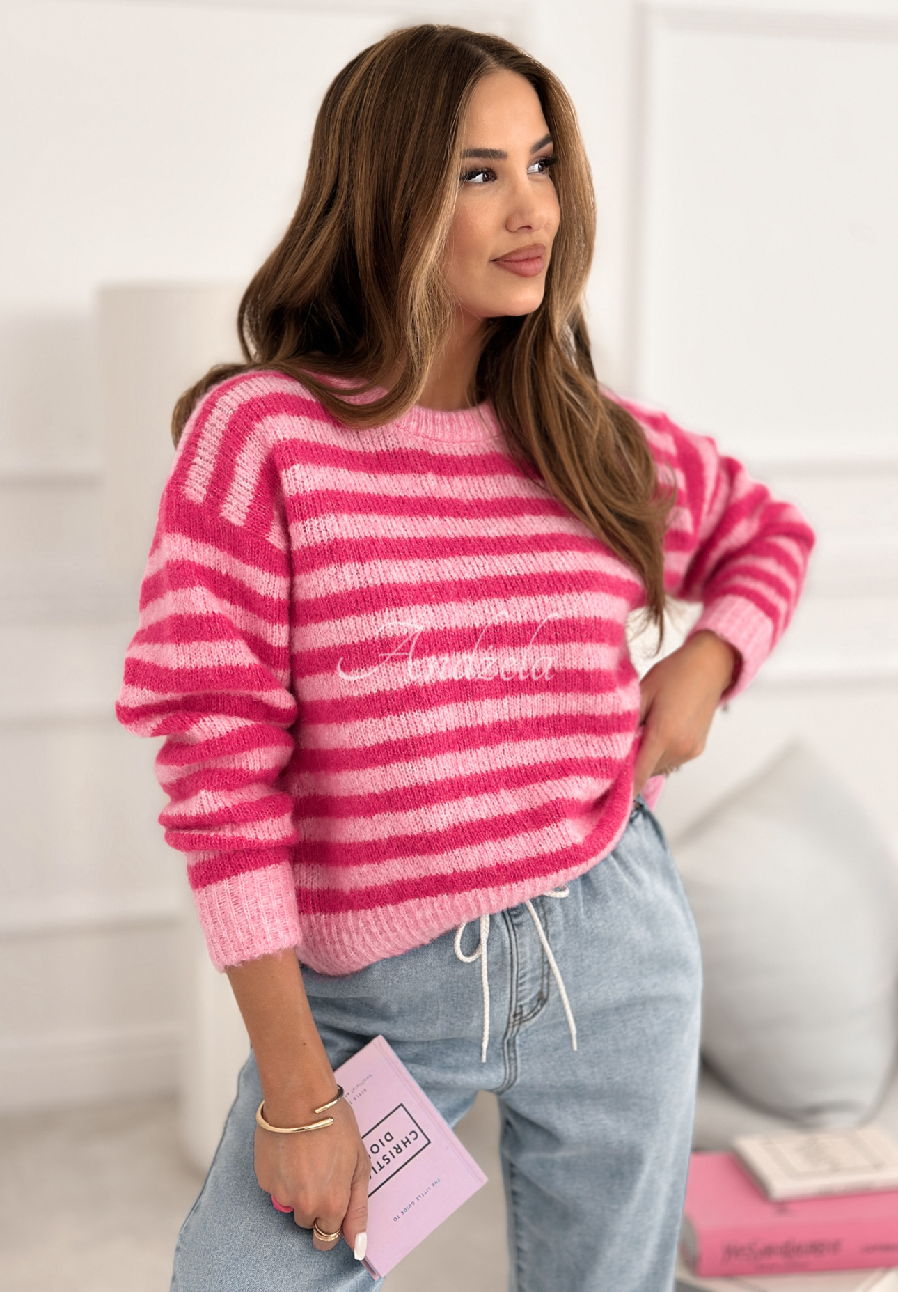 Gestreifter Wollpullover Candy Lines Rosa